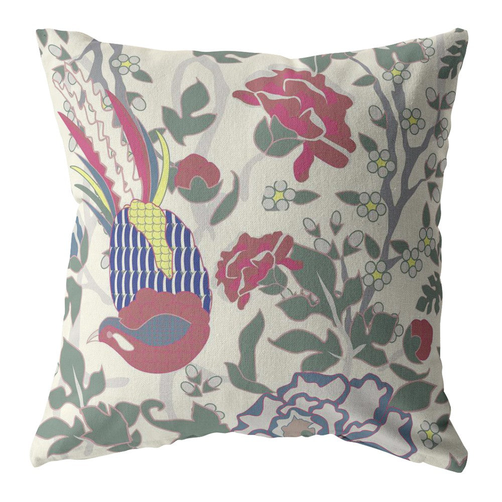 16” Pink Sage Peacock Indoor Outdoor Zippered Throw Pillow