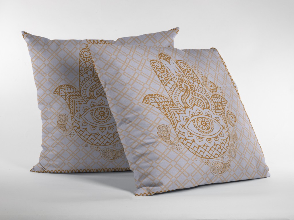 16” Gold White Hamsa Indoor Outdoor Zippered Throw Pillow