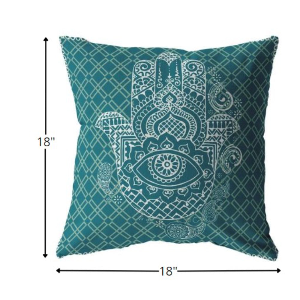 18” Teal White Hamsa Indoor Outdoor Zippered Throw Pillow