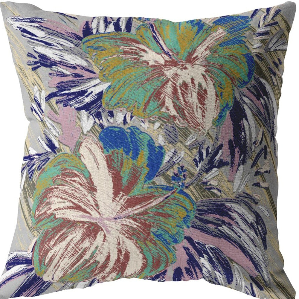 18” Lilac Green Hibiscus Indoor Outdoor Zippered Throw Pillow