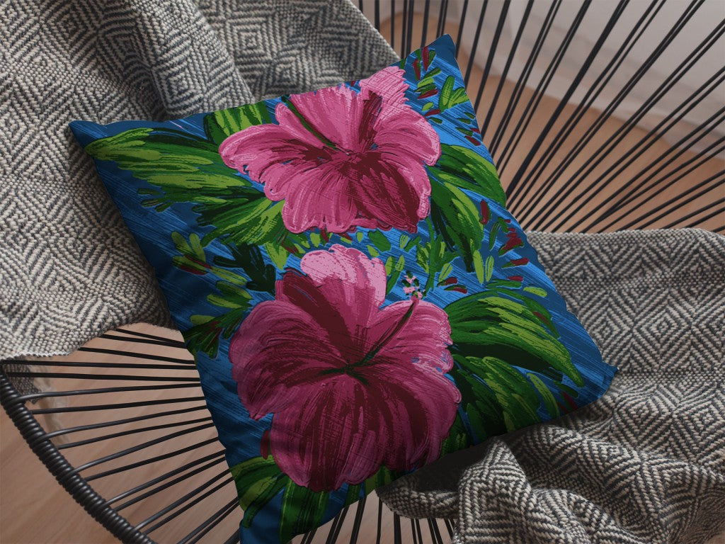 16” Pink Blue Hibiscus Indoor Outdoor Zippered Throw Pillow