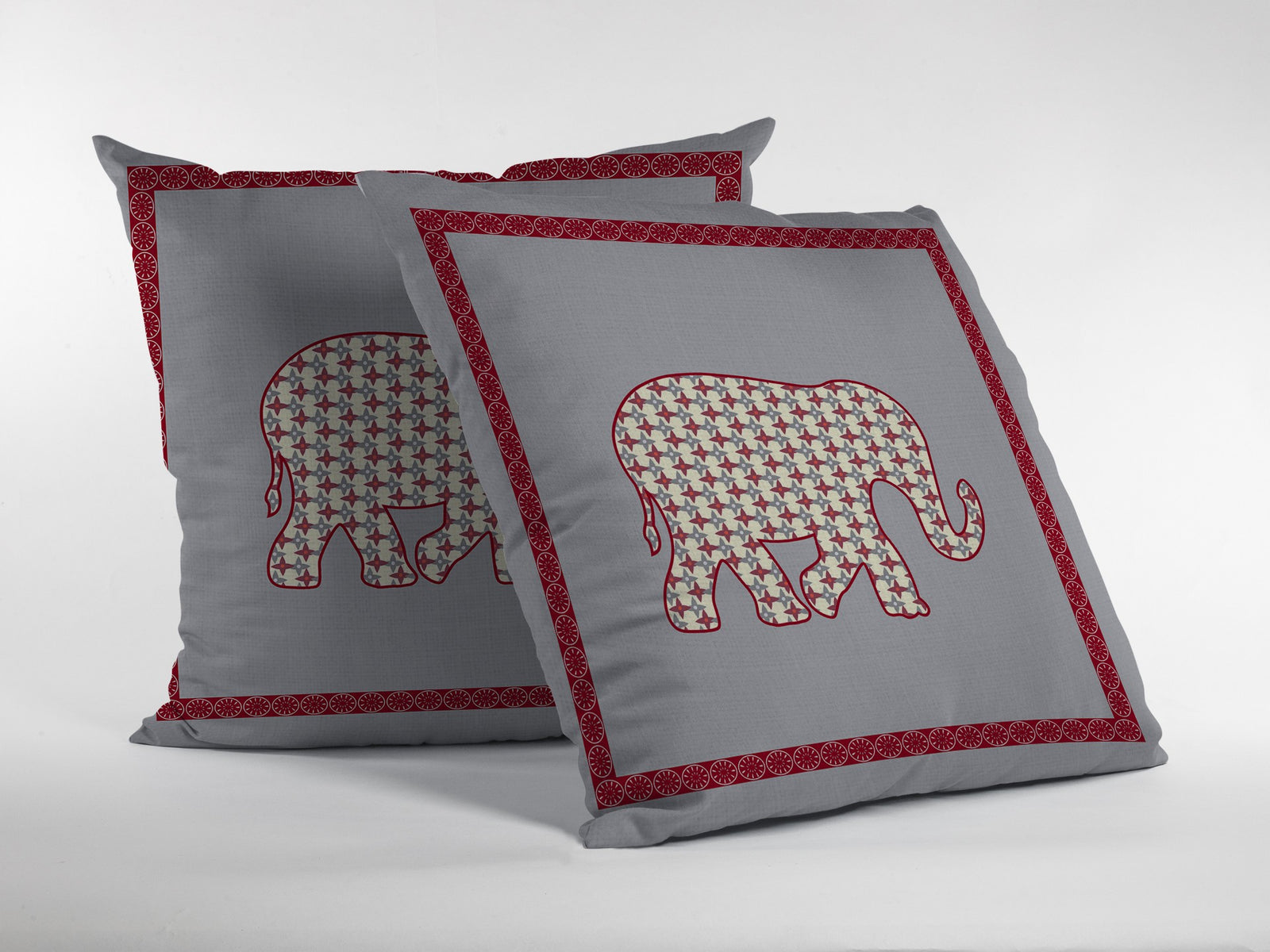 18” Red Gray Elephant Indoor Outdoor Zippered Throw Pillow