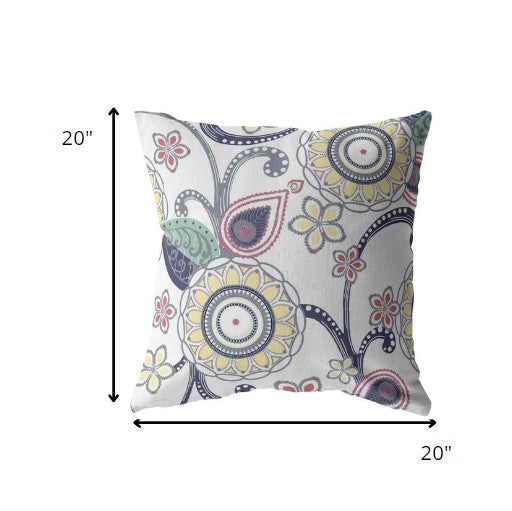 18” White Yellow Floral Indoor Outdoor Zippered Throw Pillow