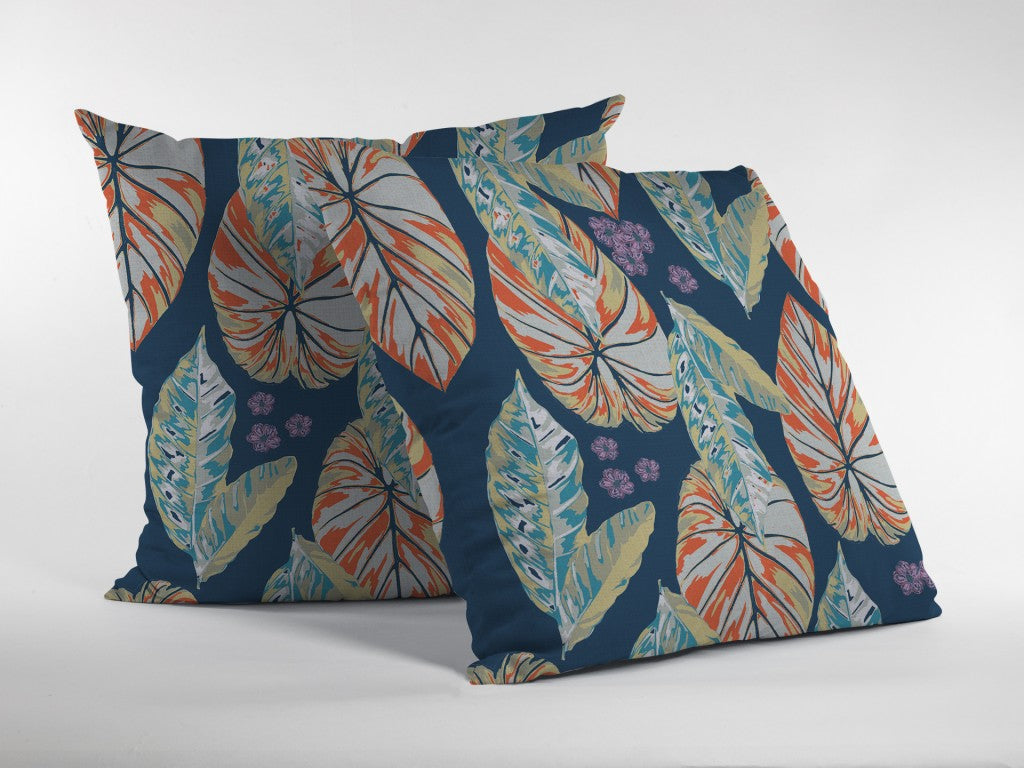 18” Orange Blue Tropical Leaf Indoor Outdoor Zippered Throw Pillow