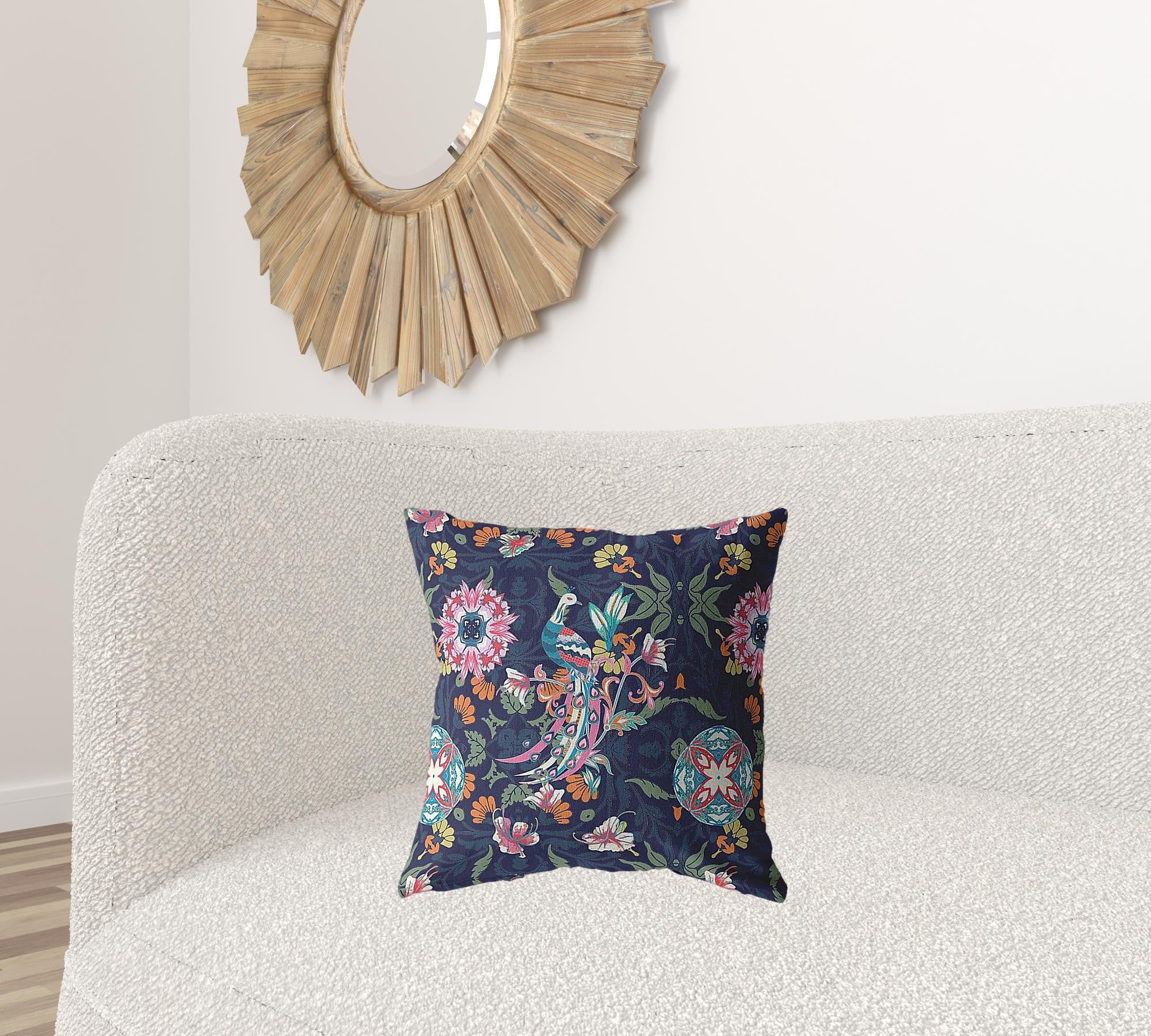 Cojín de gamuza de pavo real rosa azul marino de 18"