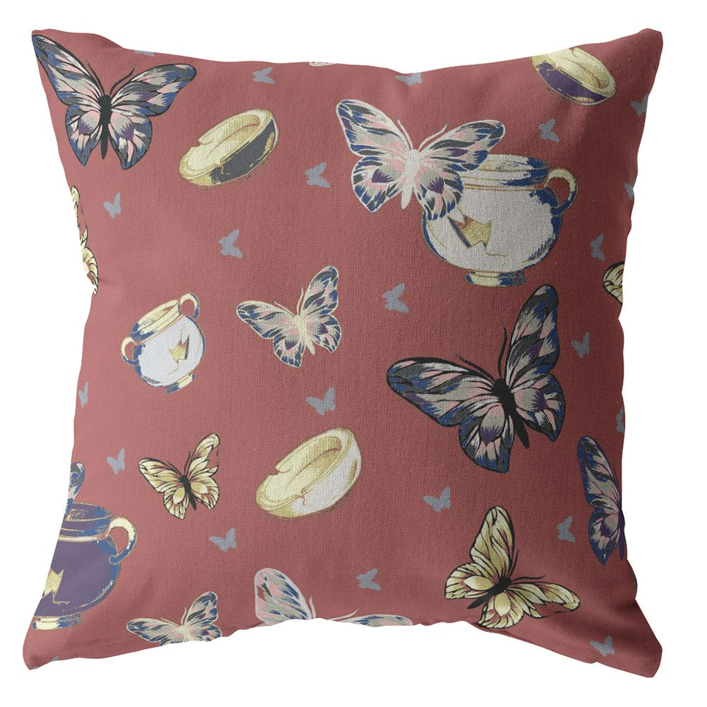 16" Copper Rose Butterflies Decorative Suede Throw Pillow