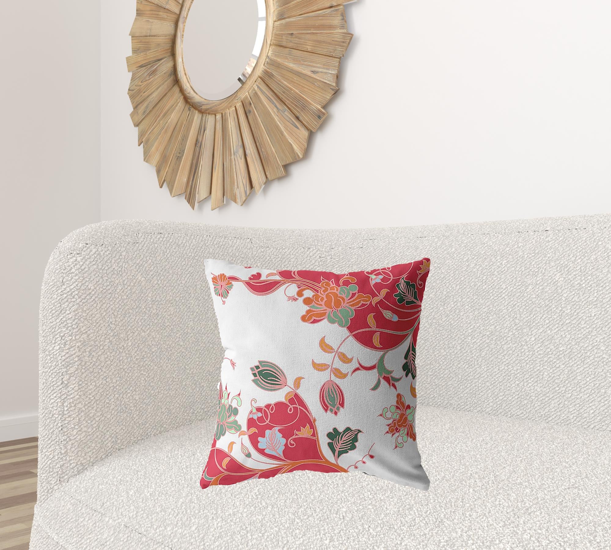 18" Red White Garden Decorative Suede Throw Pillow