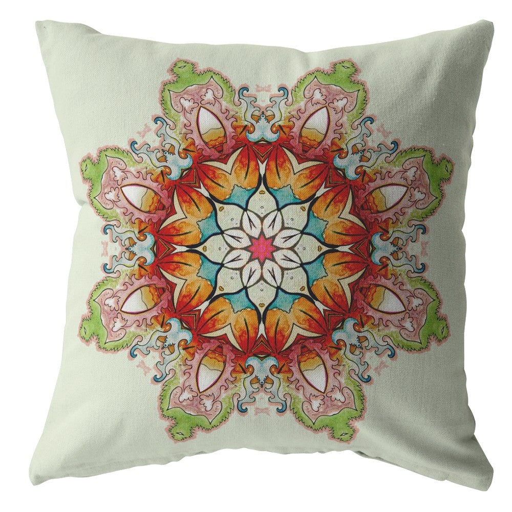 16" Orange Green Mandala Decorative Suede Throw Pillow