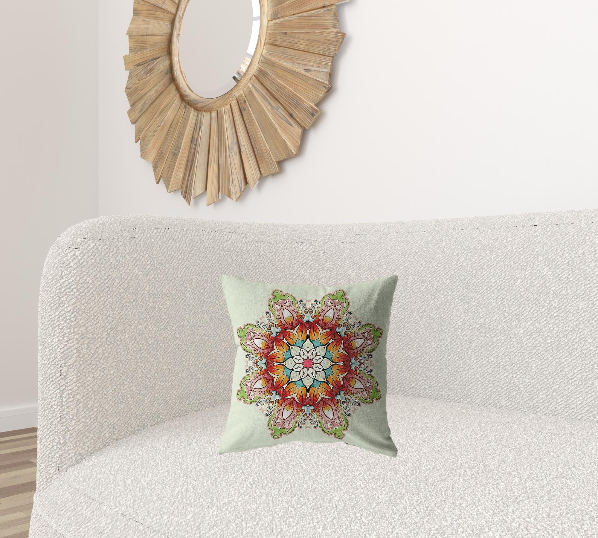 16" Orange Green Mandala Decorative Suede Throw Pillow