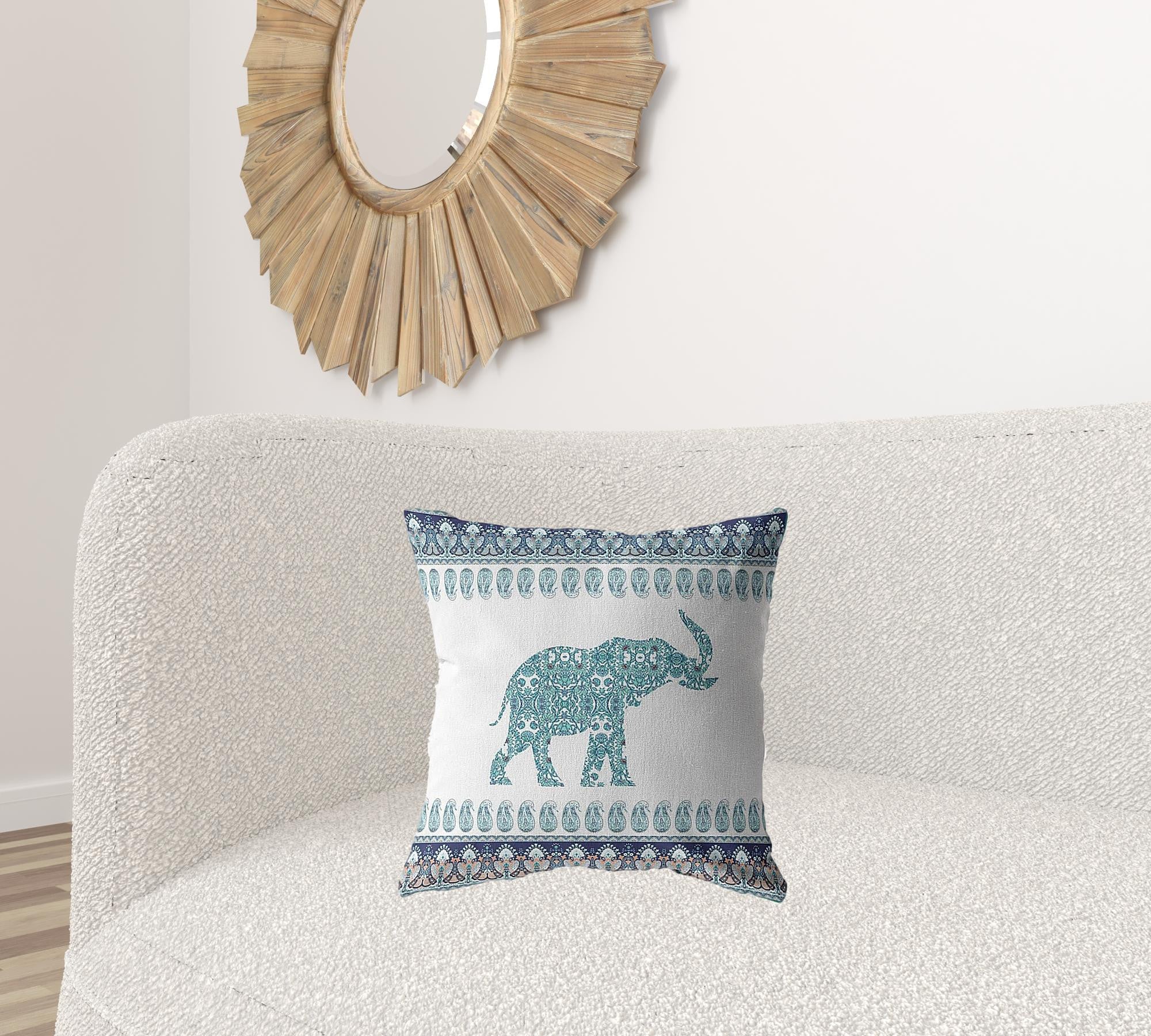 18” Teal Ornate Elephant Suede Throw Pillow