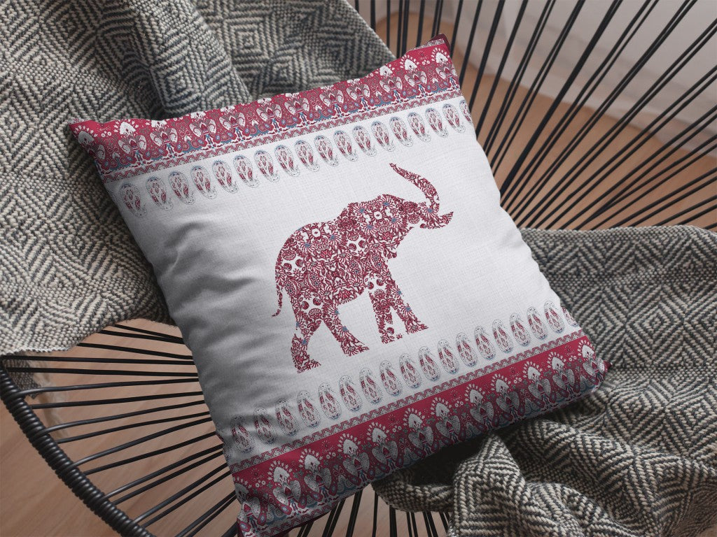 16” Red White Ornate Elephant Suede Throw Pillow