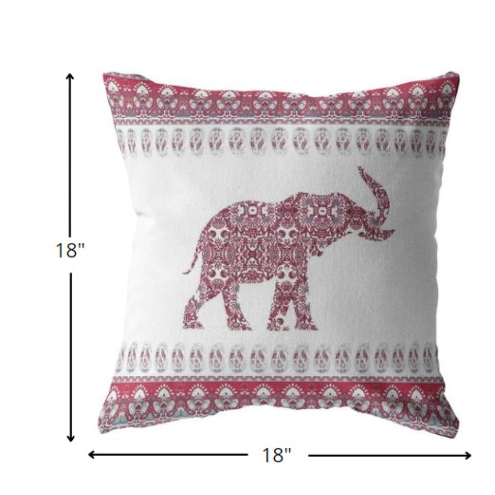 18” Red White Ornate Elephant Suede Throw Pillow