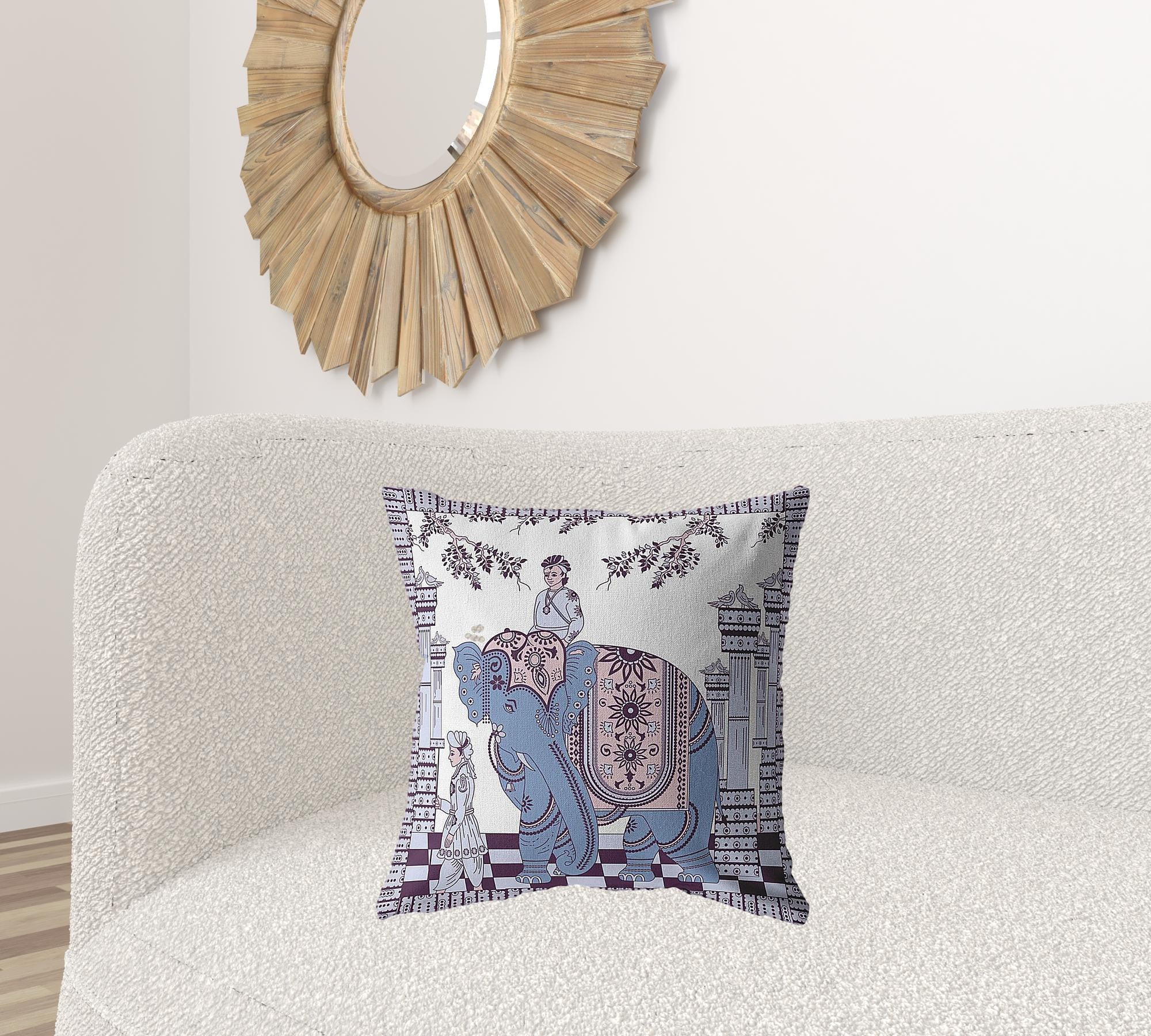 18” Blue Purple Ornate Elephant Suede Throw Pillow