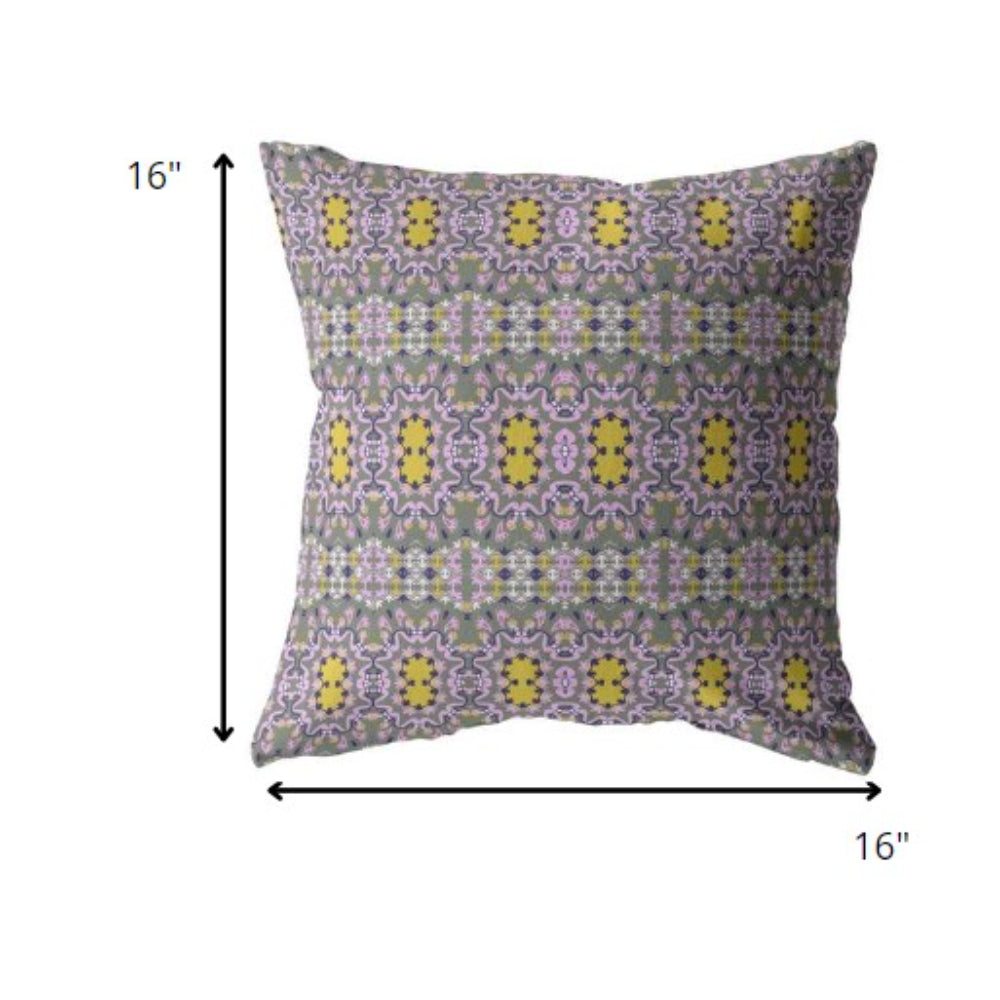 16” Purple Yellow Geofloral Suede Throw Pillow