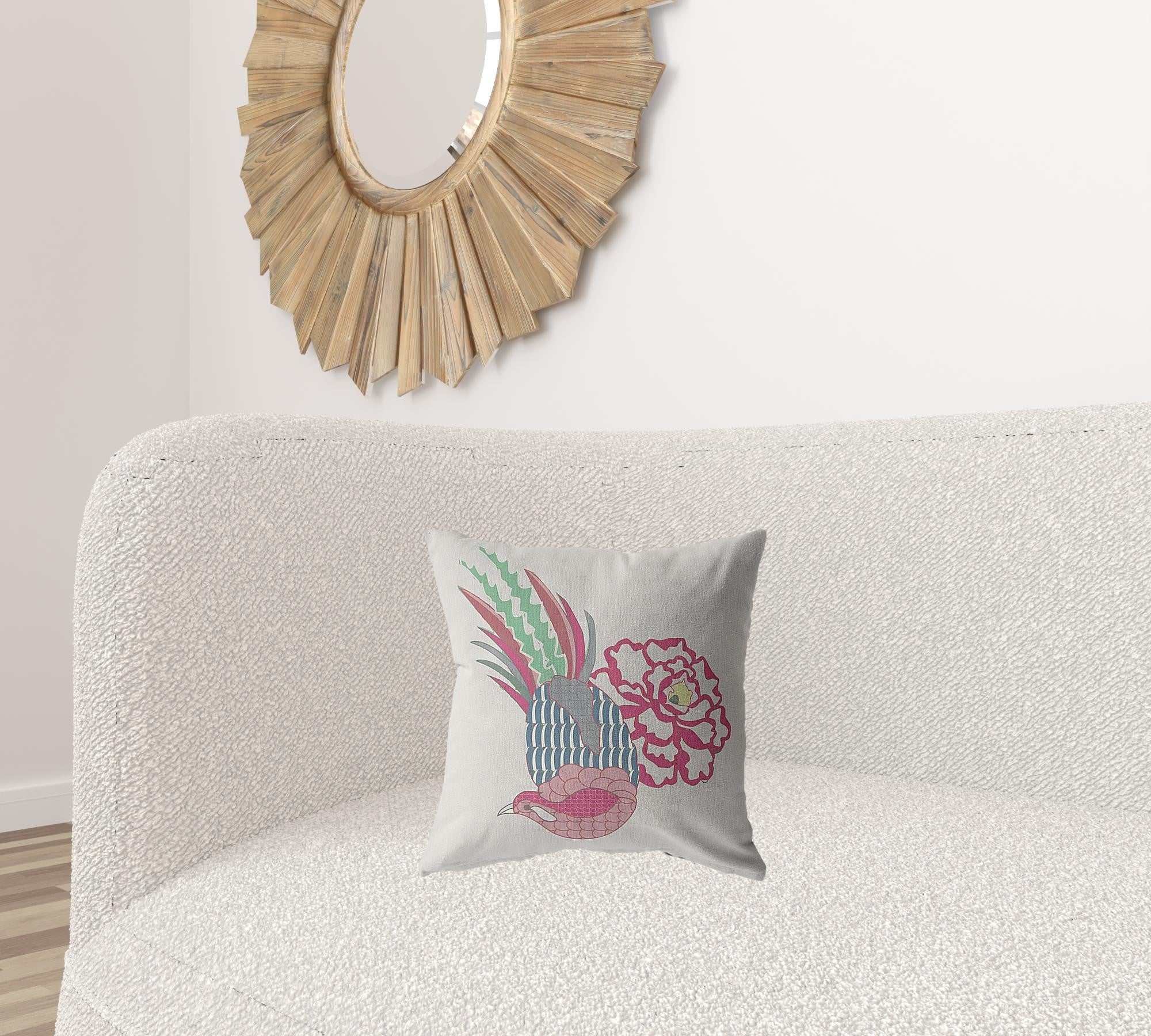 16” Pink White Peacock Suede Throw Pillow