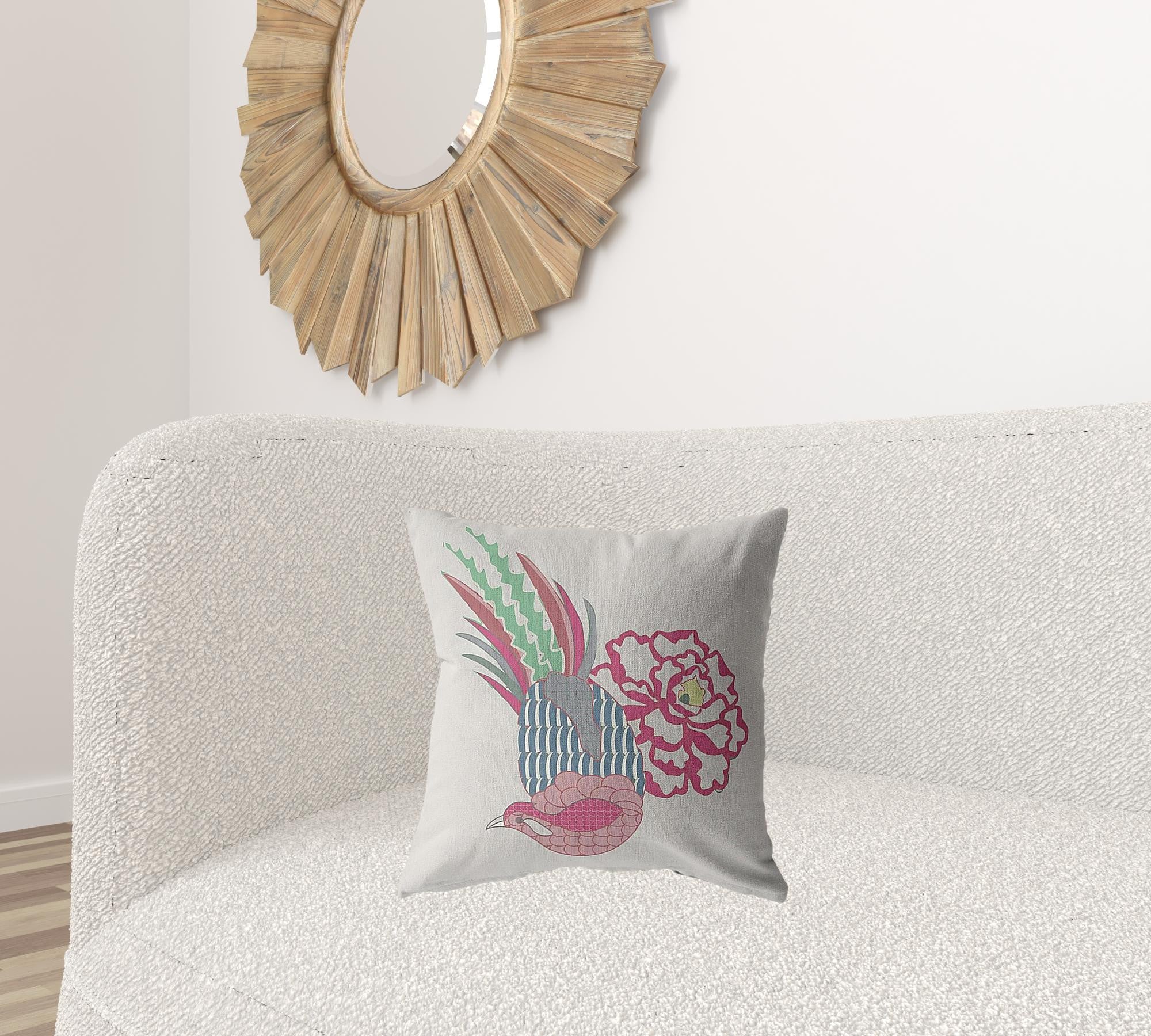 18” Pink White Peacock Suede Throw Pillow