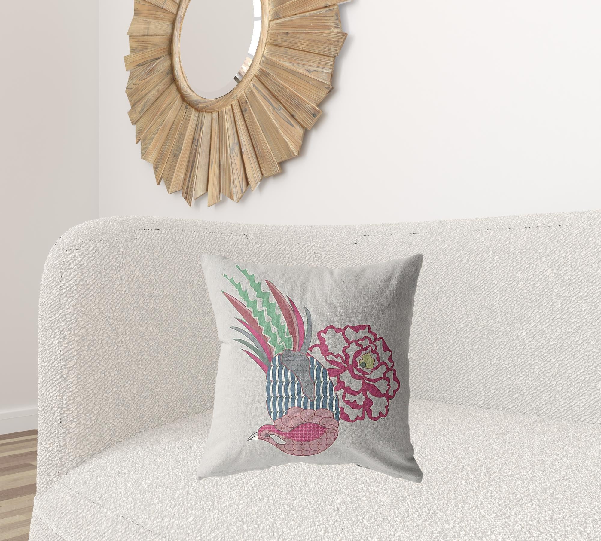 18” Pink White Peacock Suede Throw Pillow