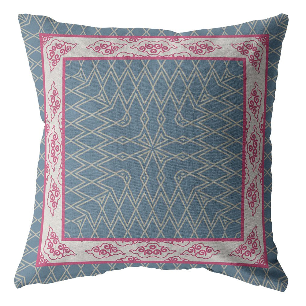 18" Pink Blue Nest Ornate Frame Suede Throw Pillow
