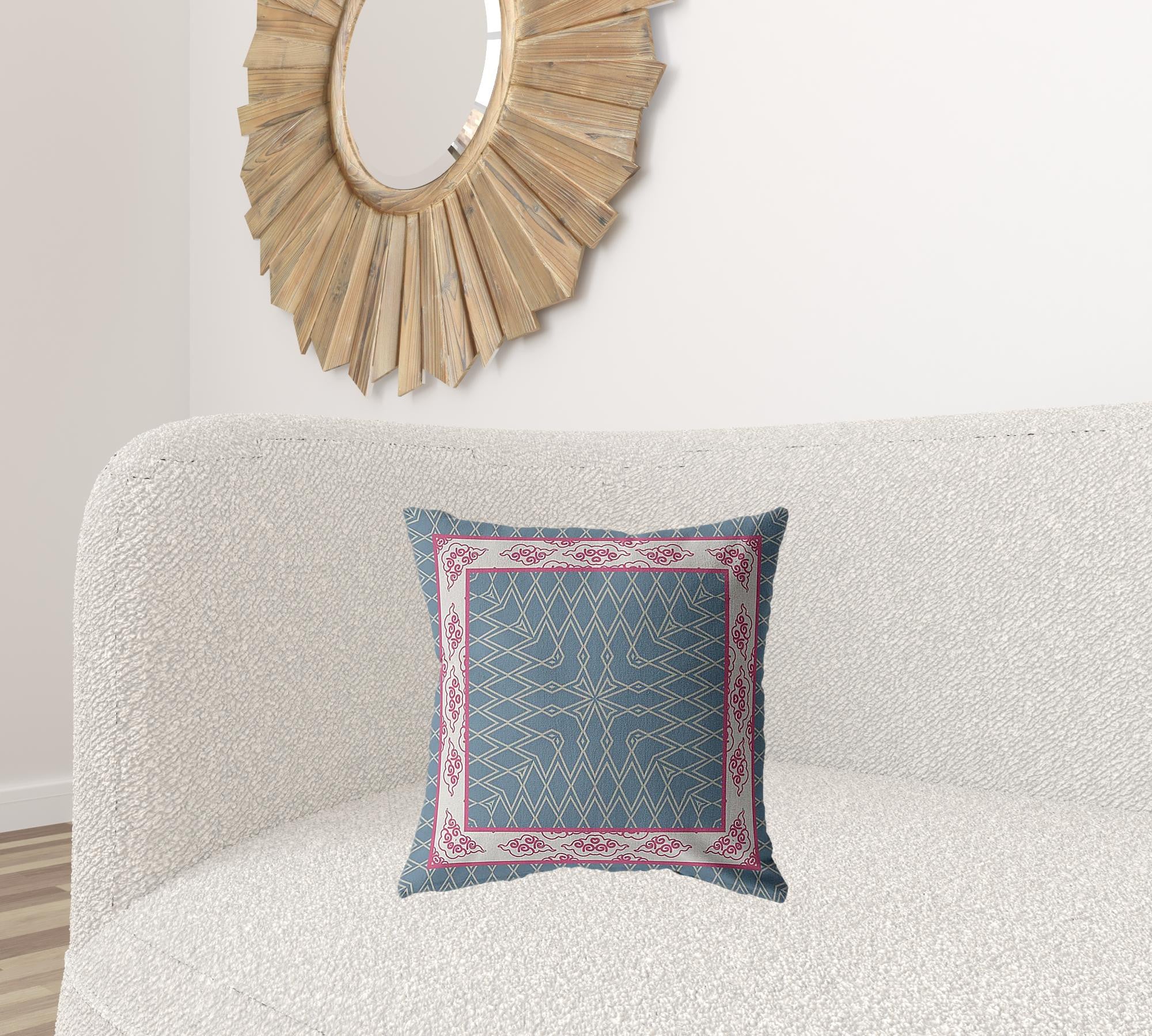 18" Pink Blue Nest Ornate Frame Suede Throw Pillow