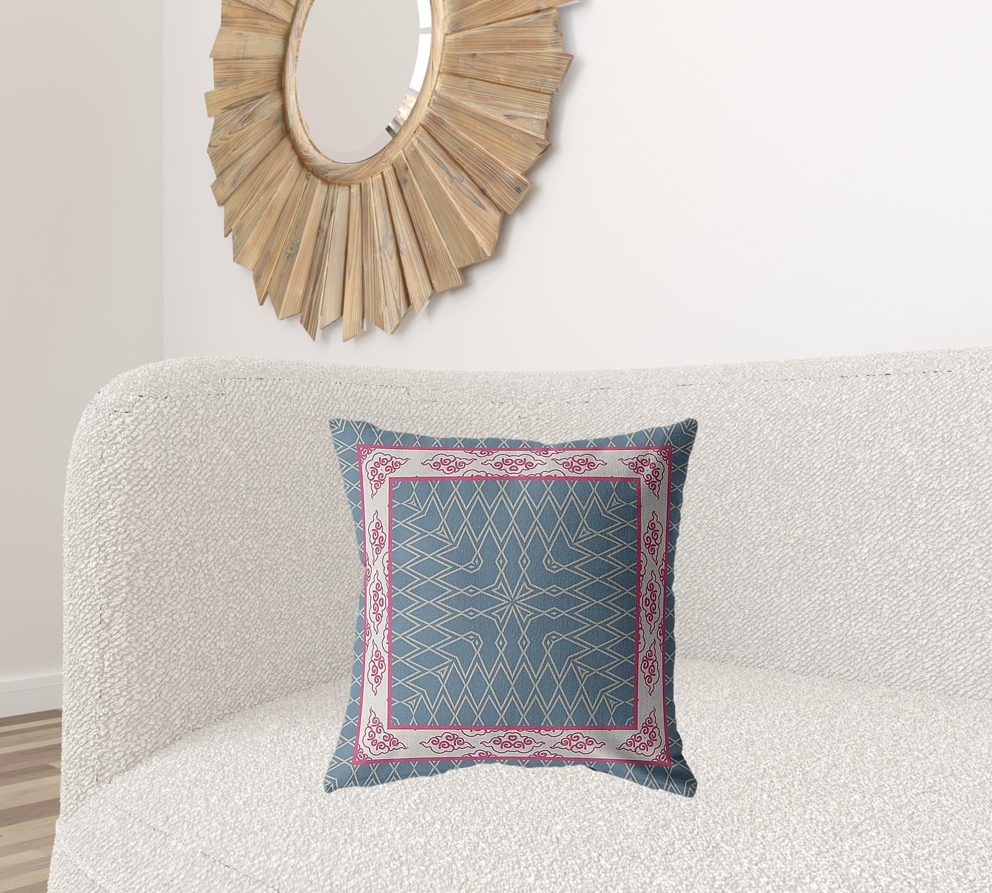 18" Pink Blue Nest Ornate Frame Suede Throw Pillow