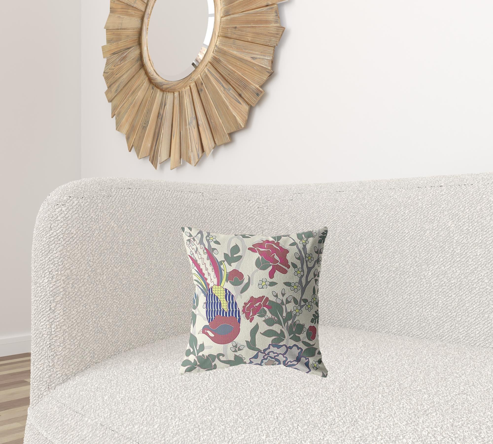 16” Pink Sage Peacock Suede Throw Pillow