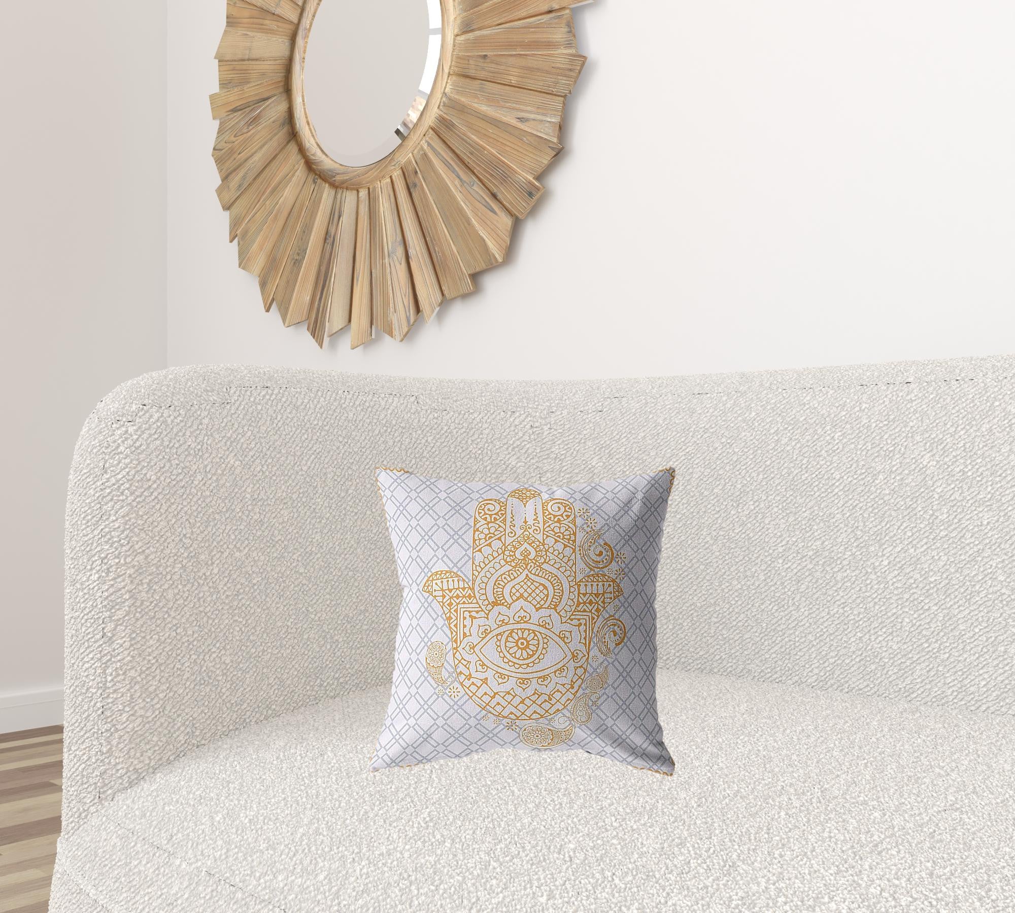 16” Gold Gray Hamsa Boho Suede Throw Pillow
