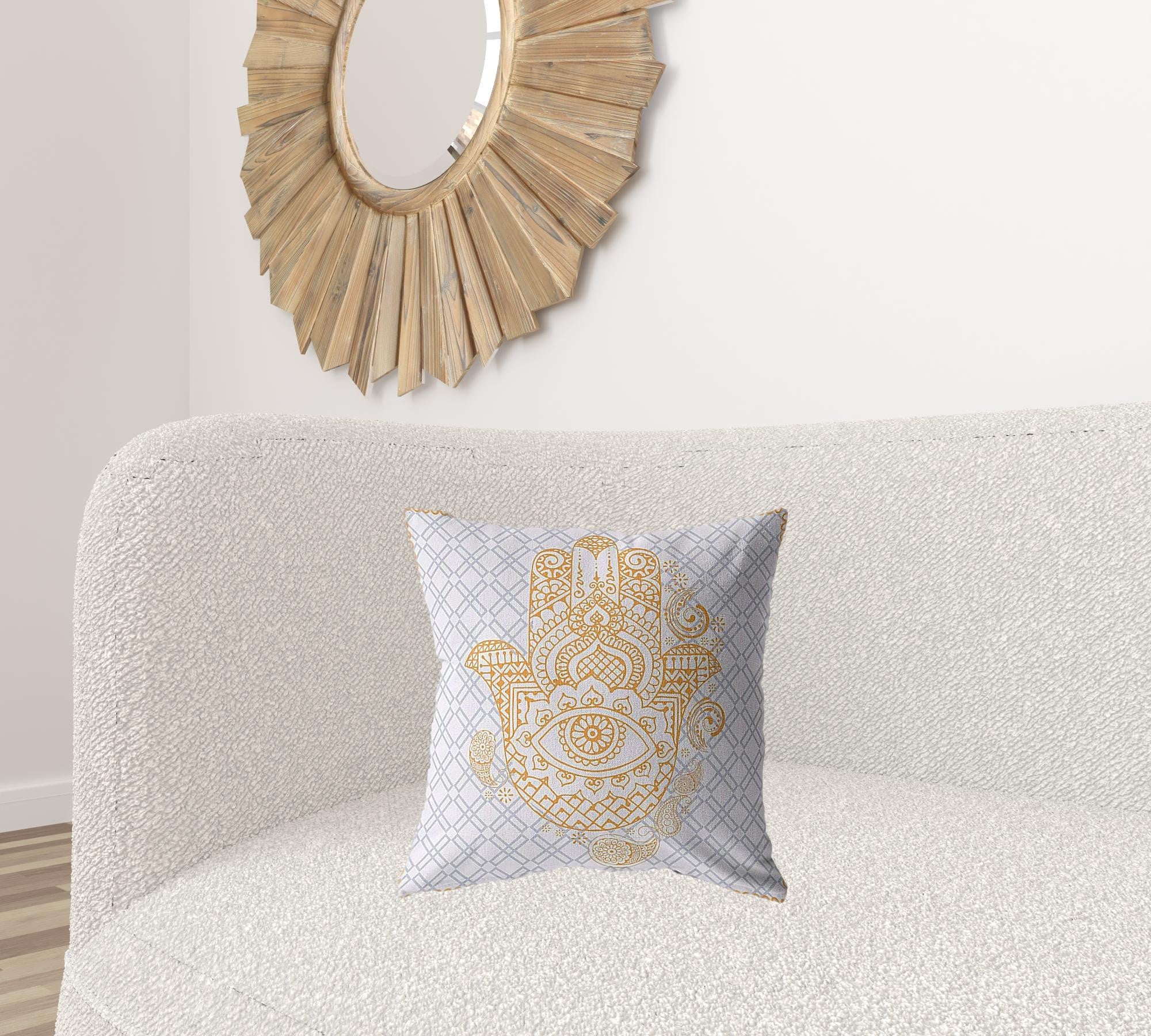 18” Gold Gray Hamsa Boho Suede Throw Pillow