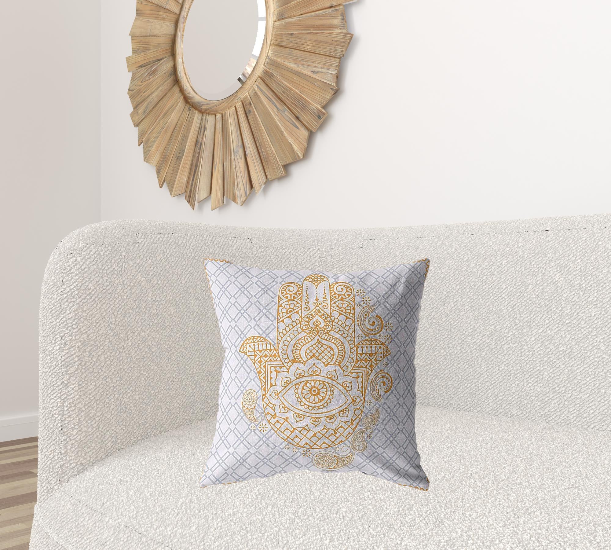 18” Gold Gray Hamsa Boho Suede Throw Pillow