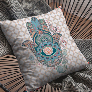 16” Blue Gray Hamsa Boho Suede Throw Pillow