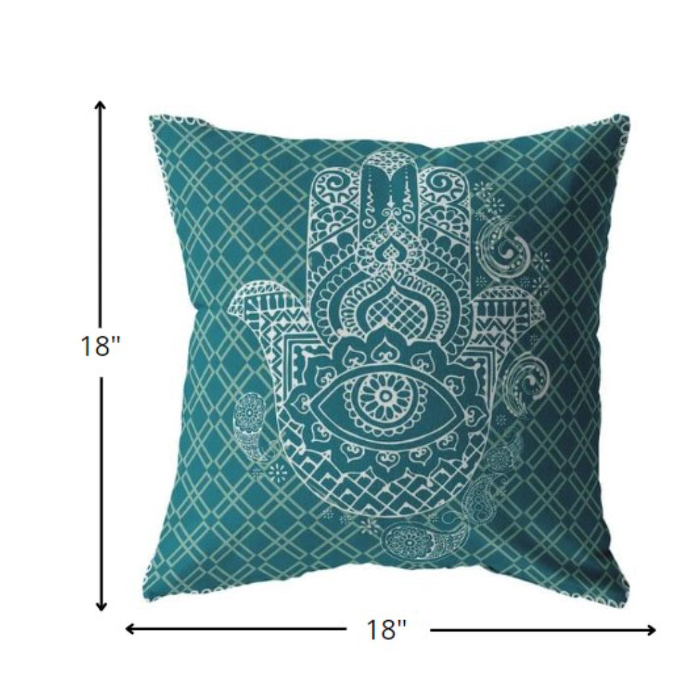 18” Teal White Hamsa Boho Suede Throw Pillow
