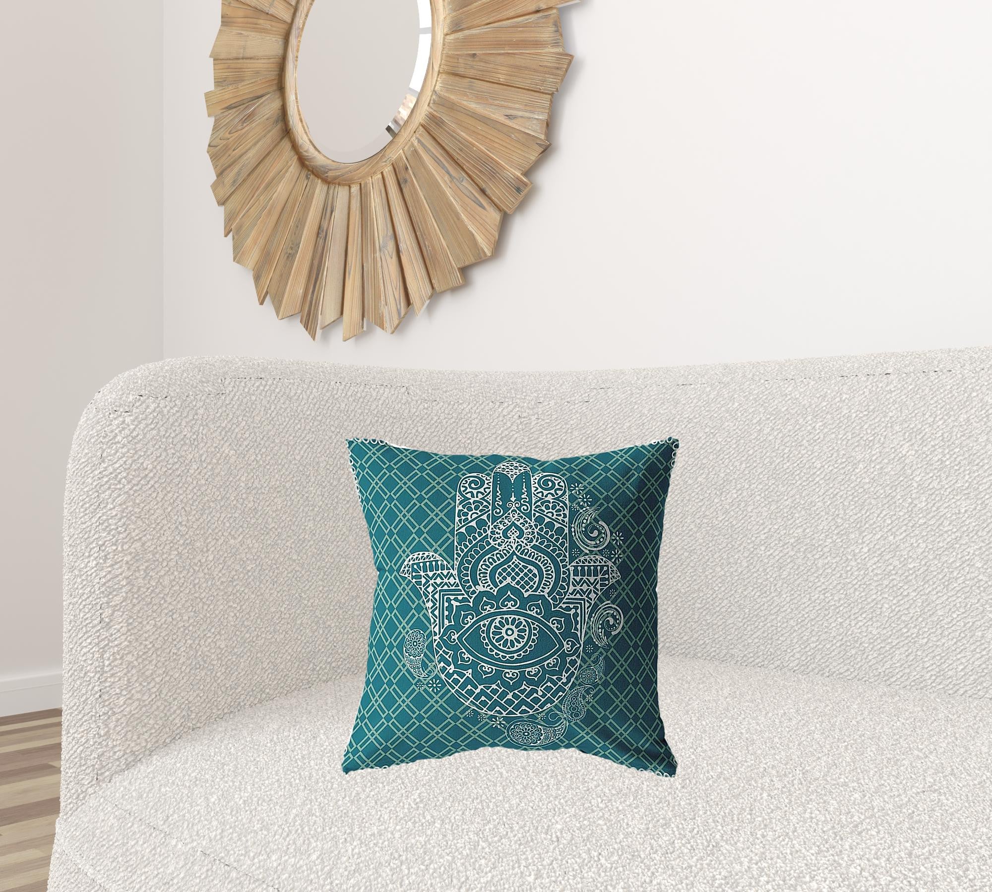 18” Teal White Hamsa Boho Suede Throw Pillow