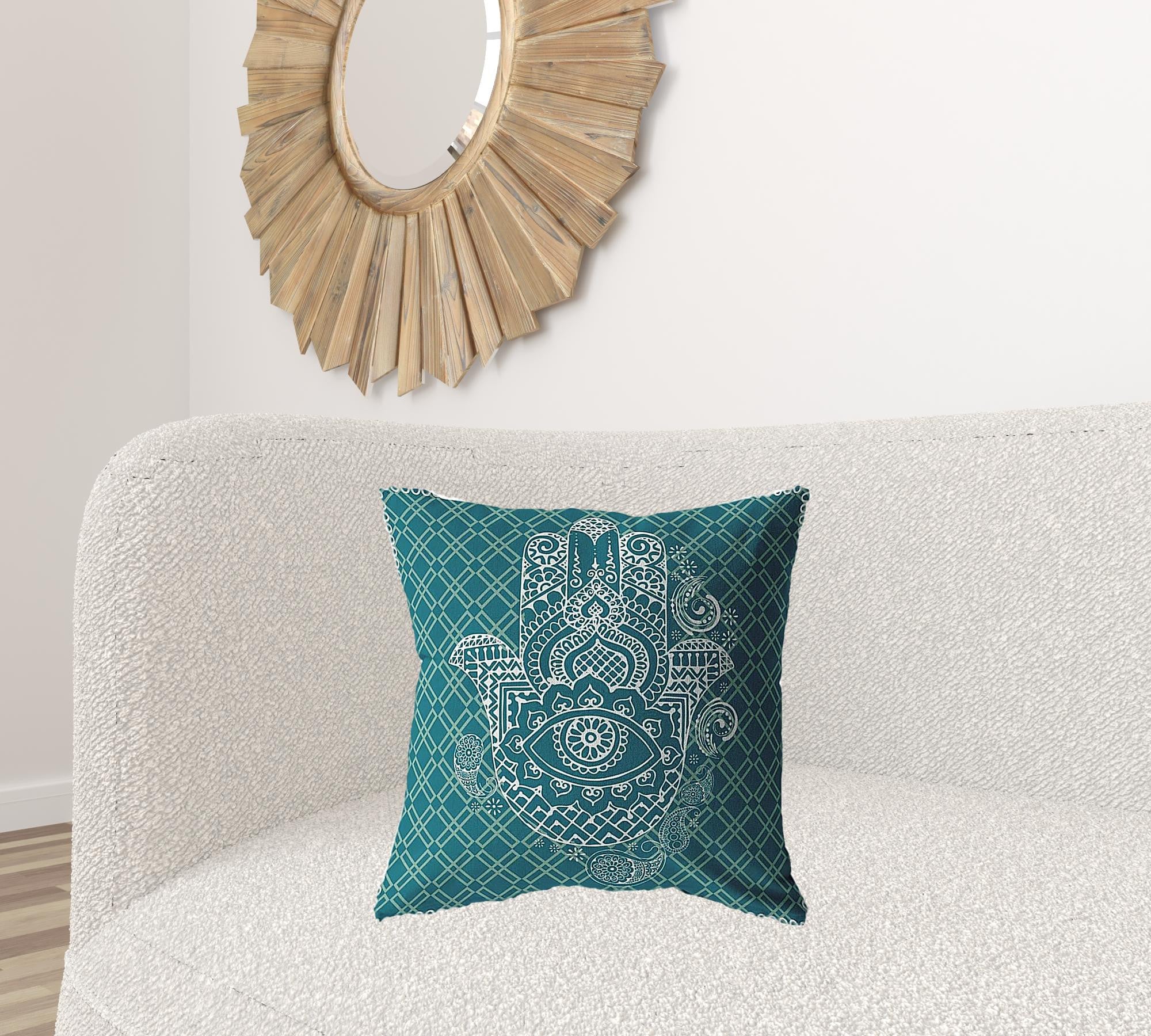 18” Teal White Hamsa Boho Suede Throw Pillow