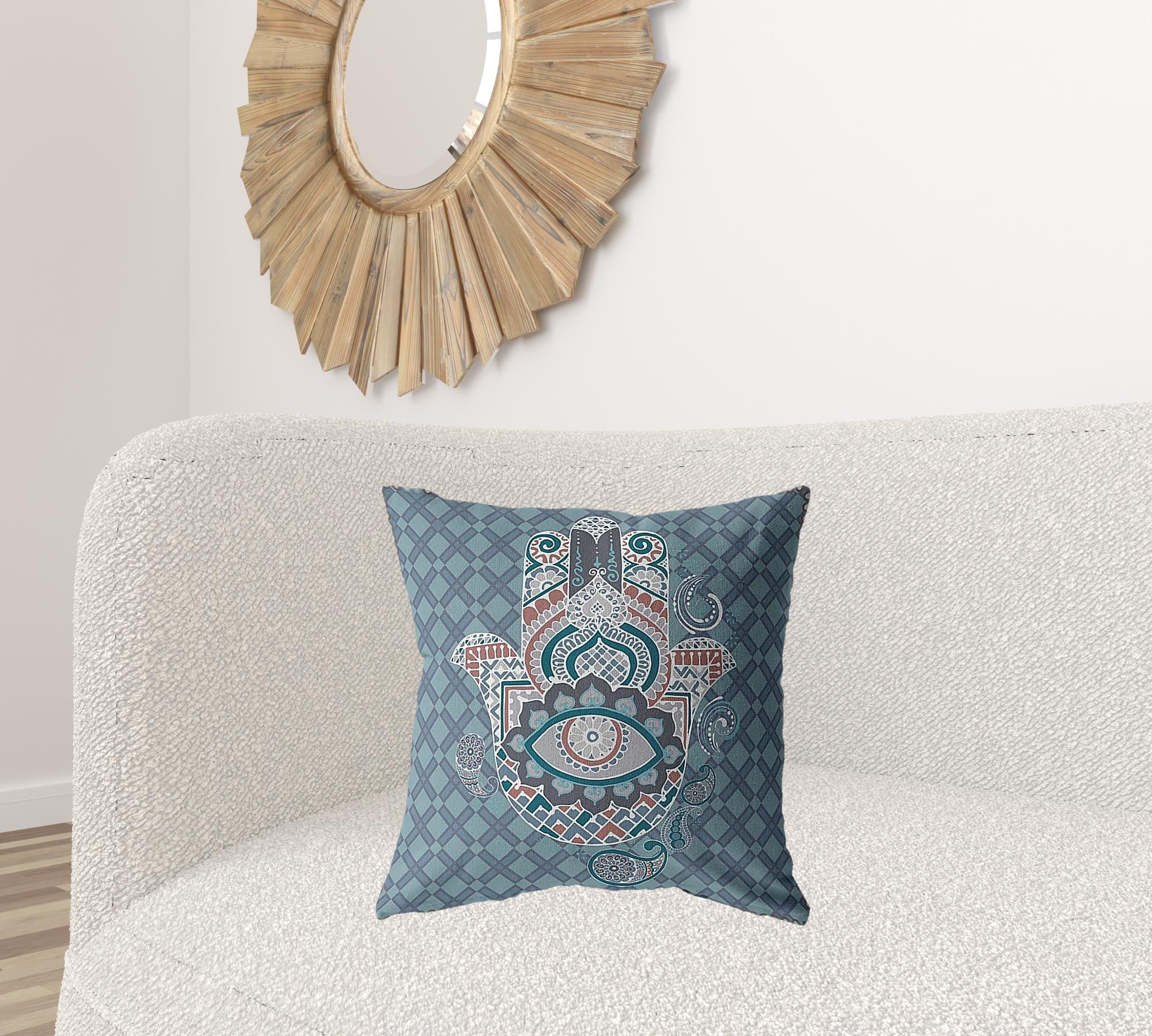 18” Slate Blue Hamsa Boho Suede Throw Pillow