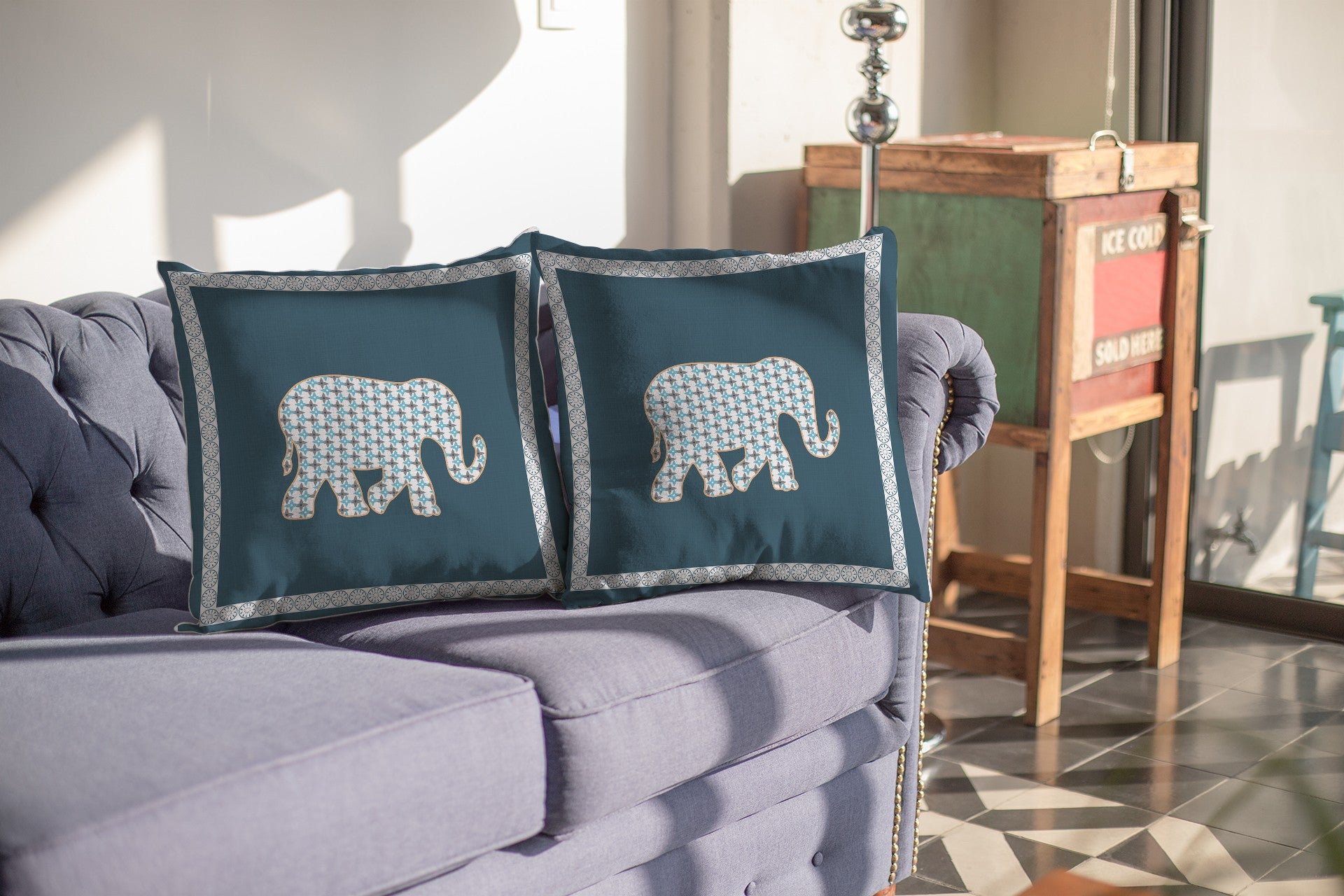 16” Spruce Blue Elephant Boho Suede Throw Pillow