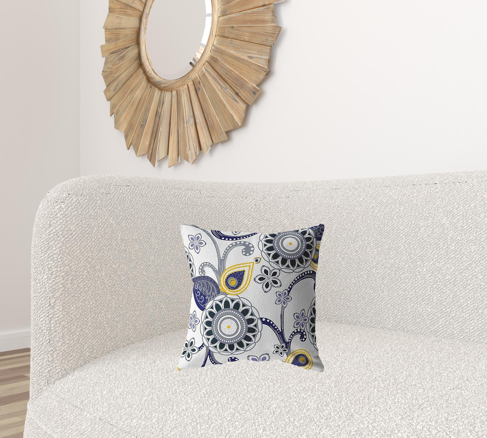16” Navy White Floral Suede Throw Pillow