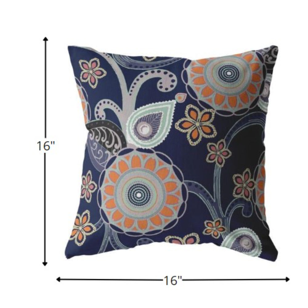 16” Indigo Orange Floral Suede Throw Pillow