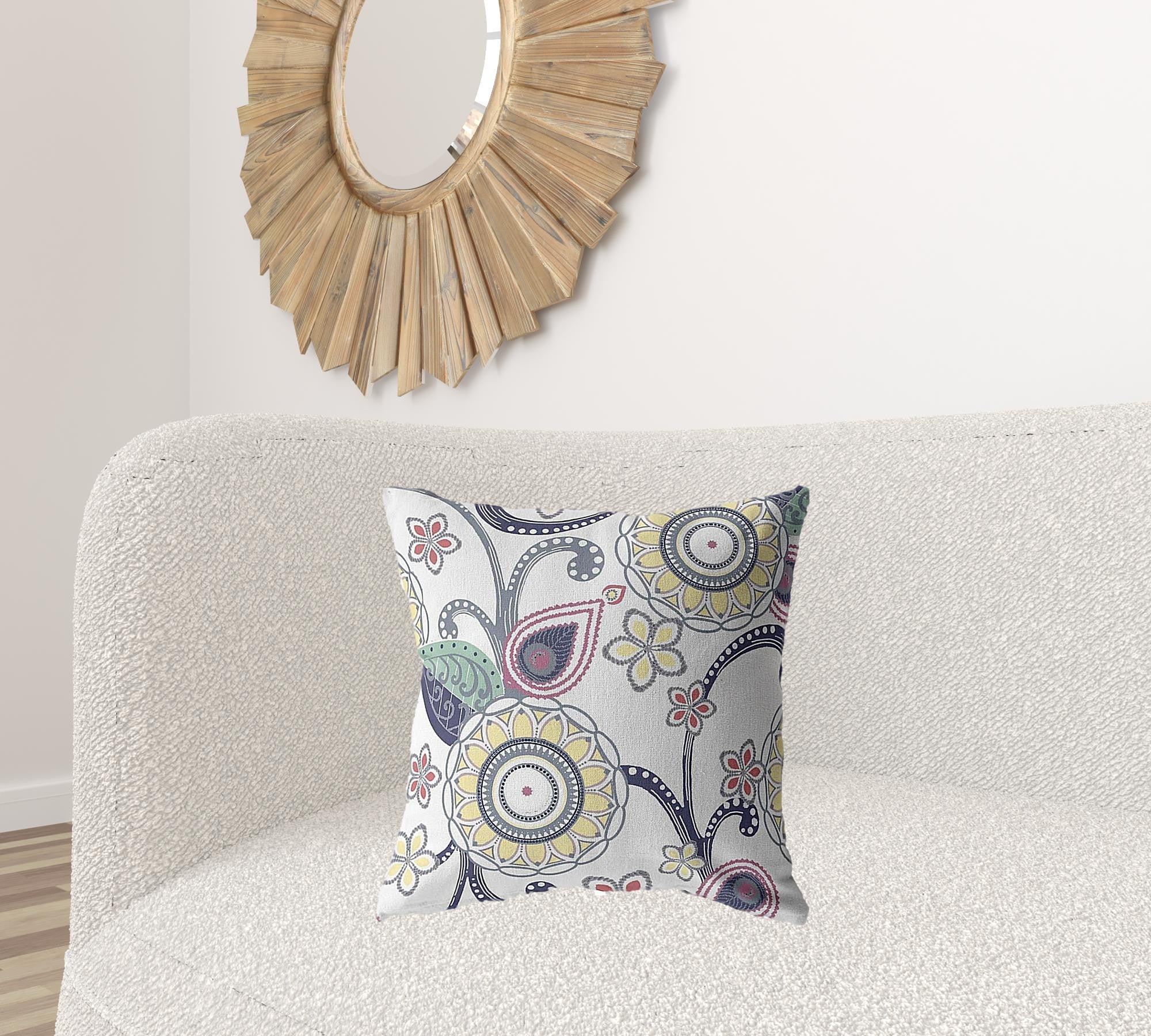 18” White Yellow Floral Suede Throw Pillow