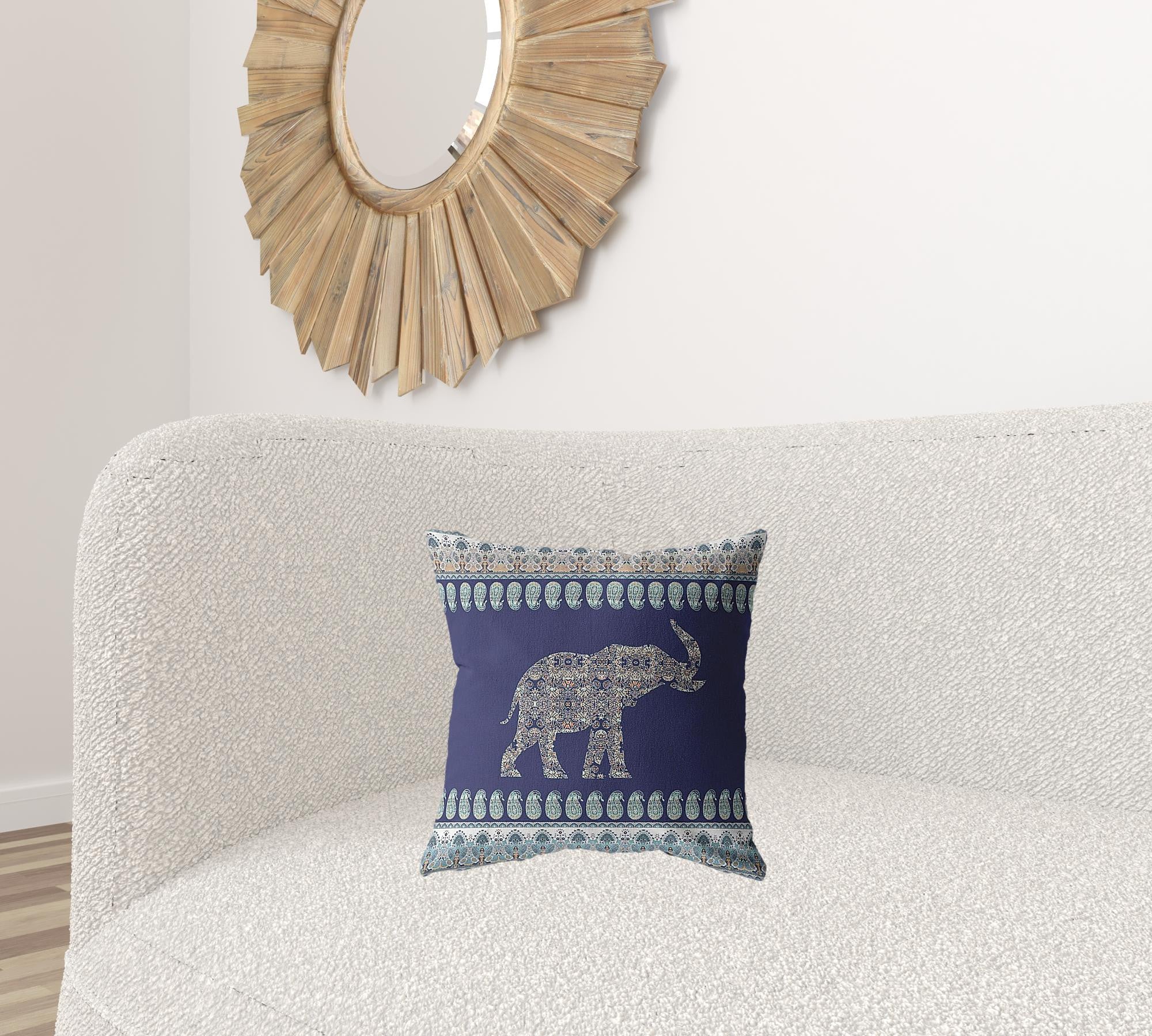 16” Navy Ornate Elephant Suede Throw Pillow