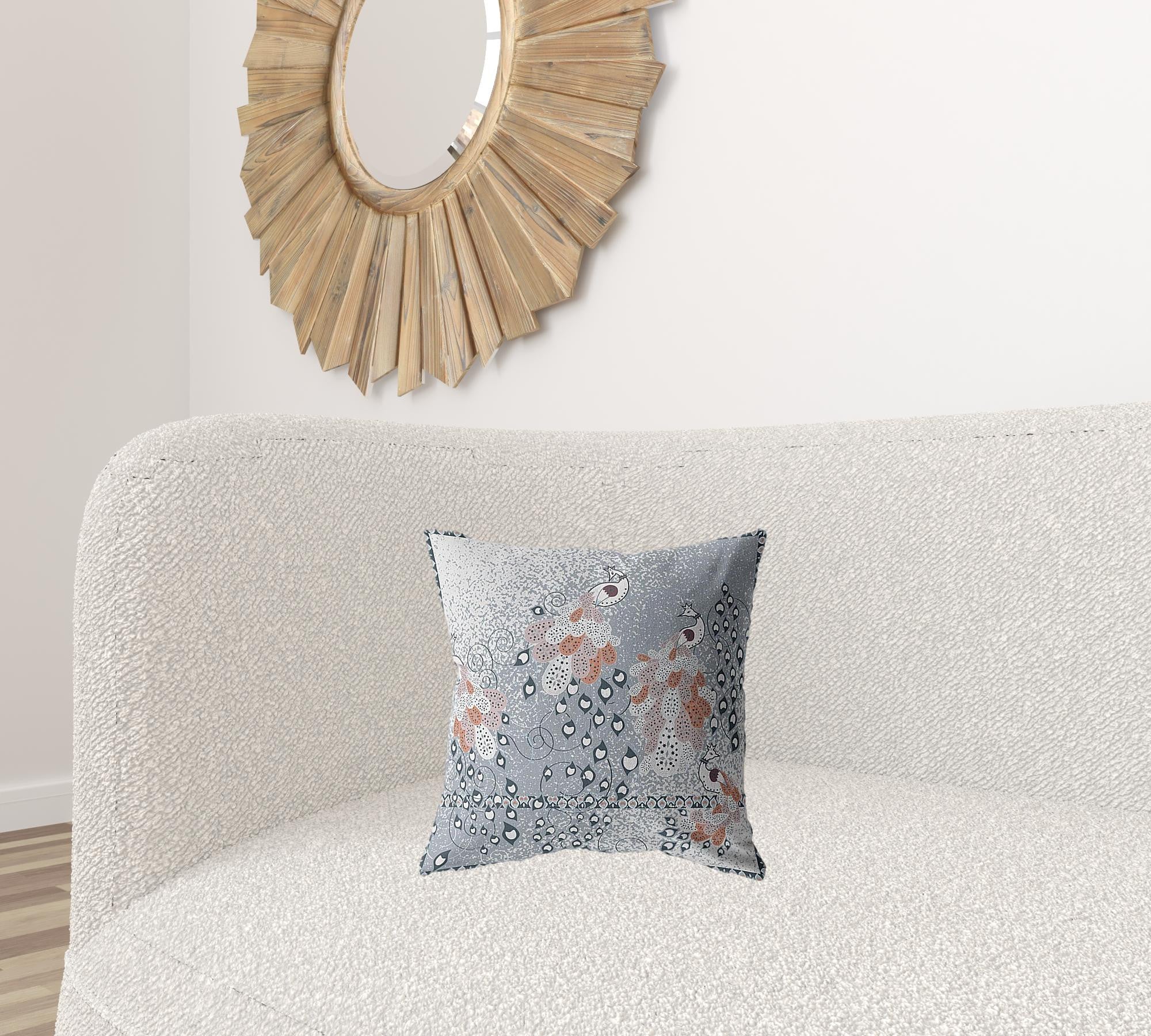 16” Gray Orange Boho Bird Suede Throw Pillow