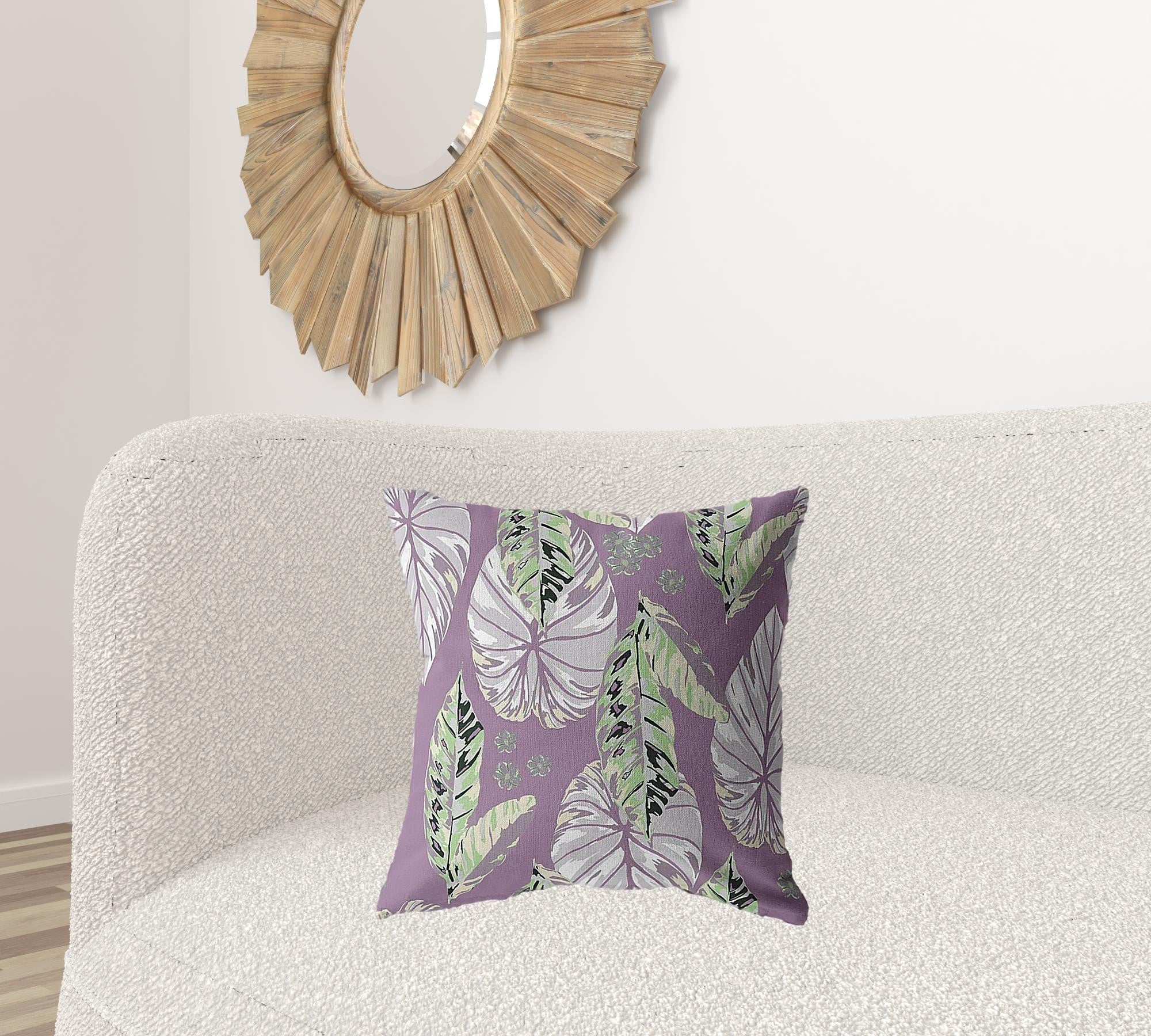 18” White Purple Tropical Leaf Suede Throw Pillow