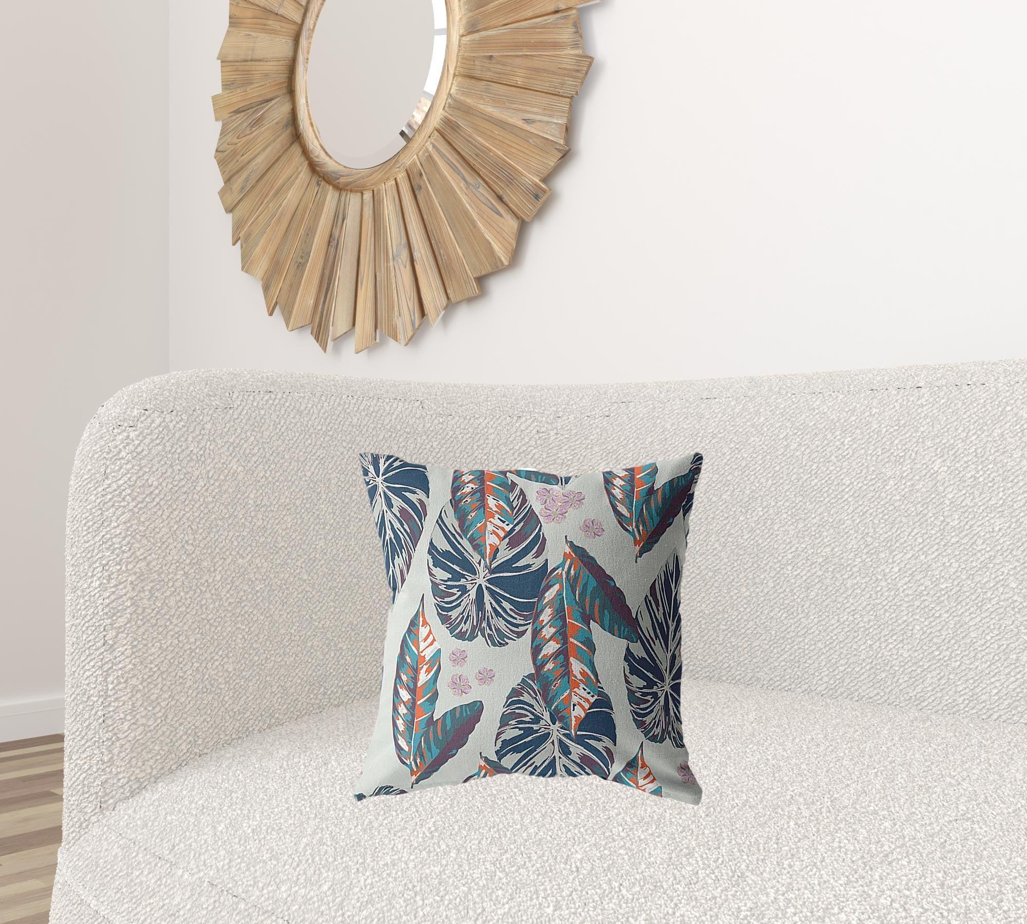 18” Blue Gray Tropical Leaf Suede Throw Pillow