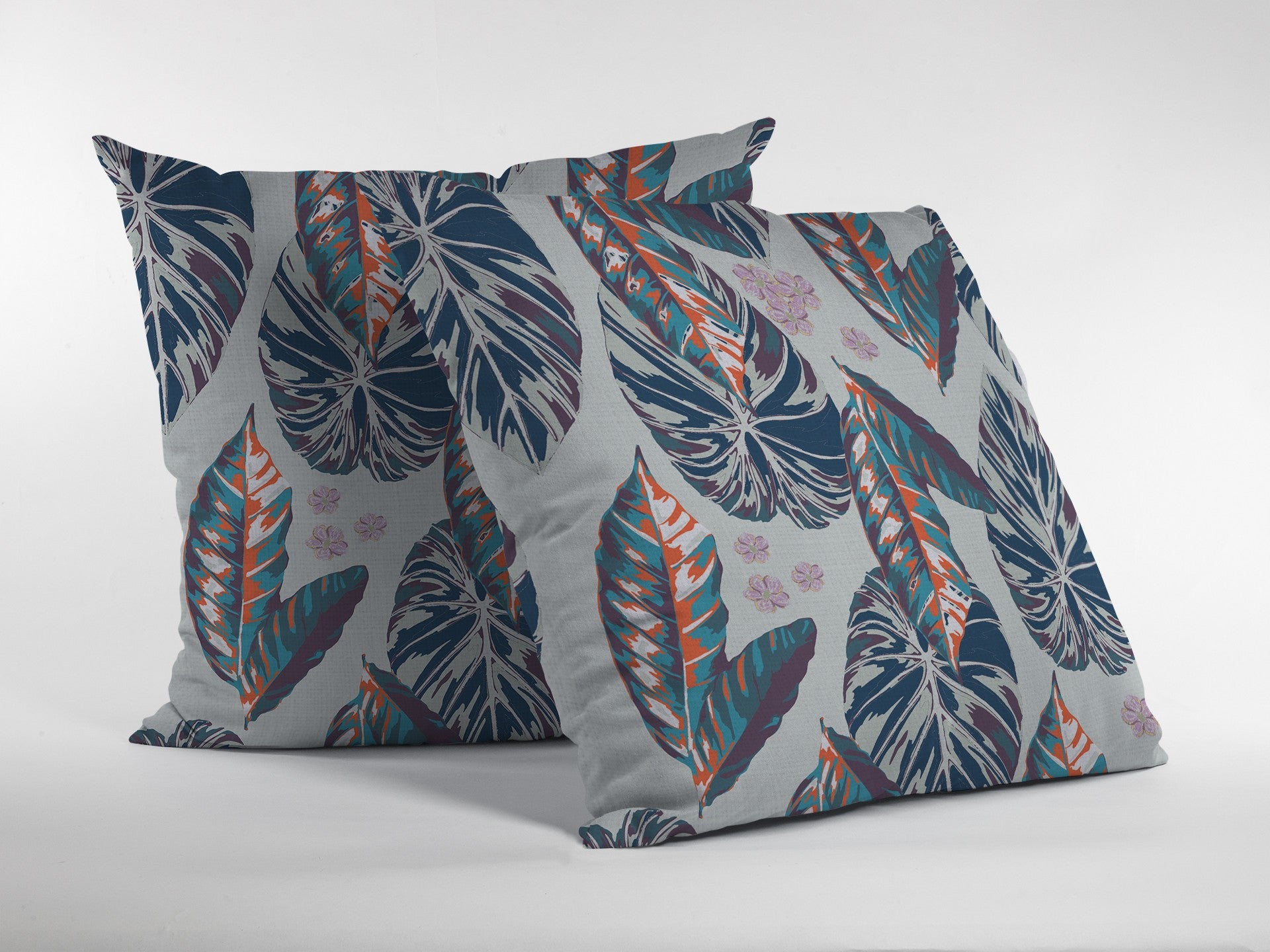 18” Blue Gray Tropical Leaf Suede Throw Pillow