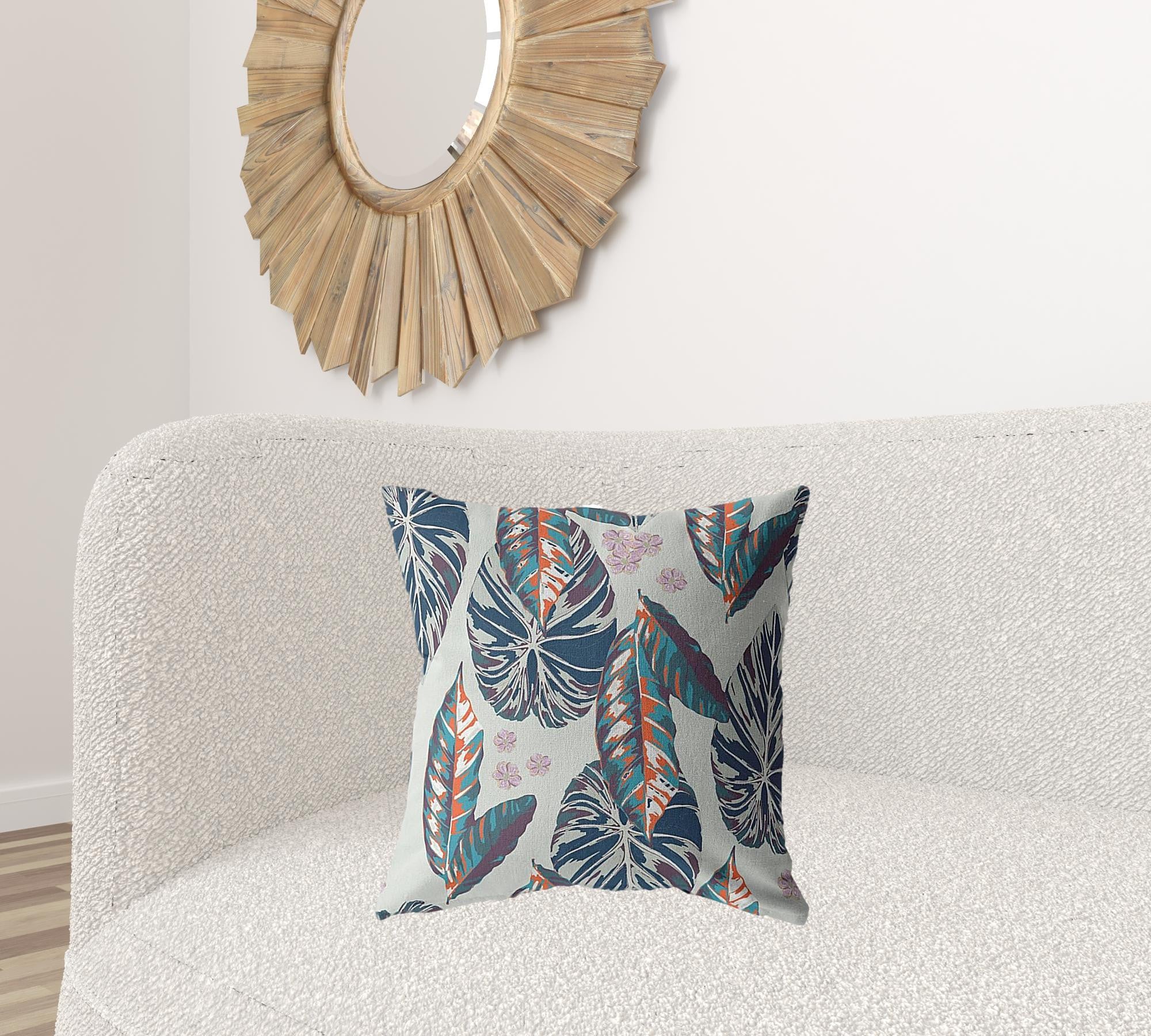 18” Blue Gray Tropical Leaf Suede Throw Pillow