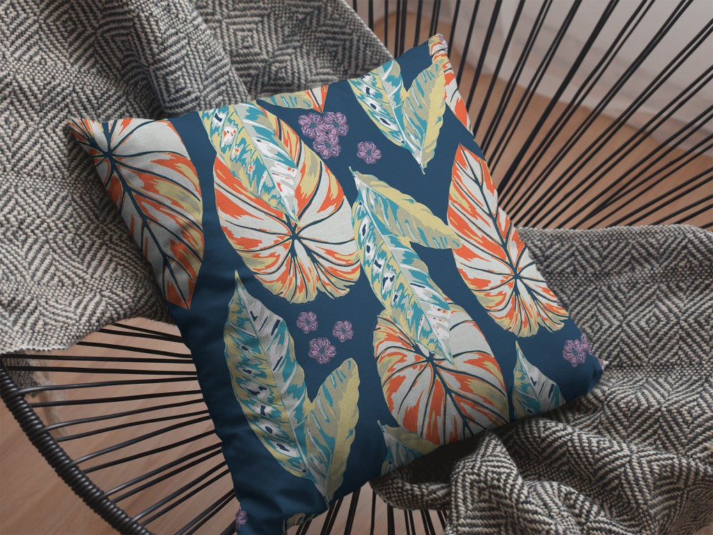 16” Orange Blue Tropical Leaf Suede Throw Pillow