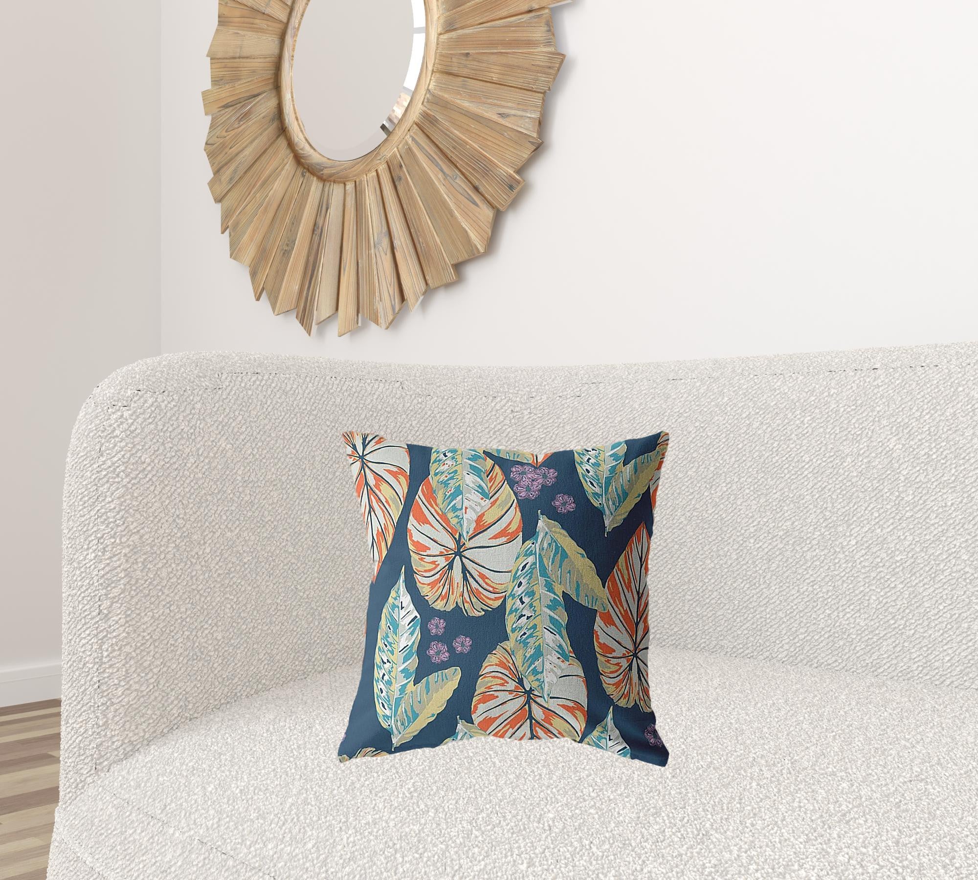 18” Orange Blue Tropical Leaf Suede Throw Pillow