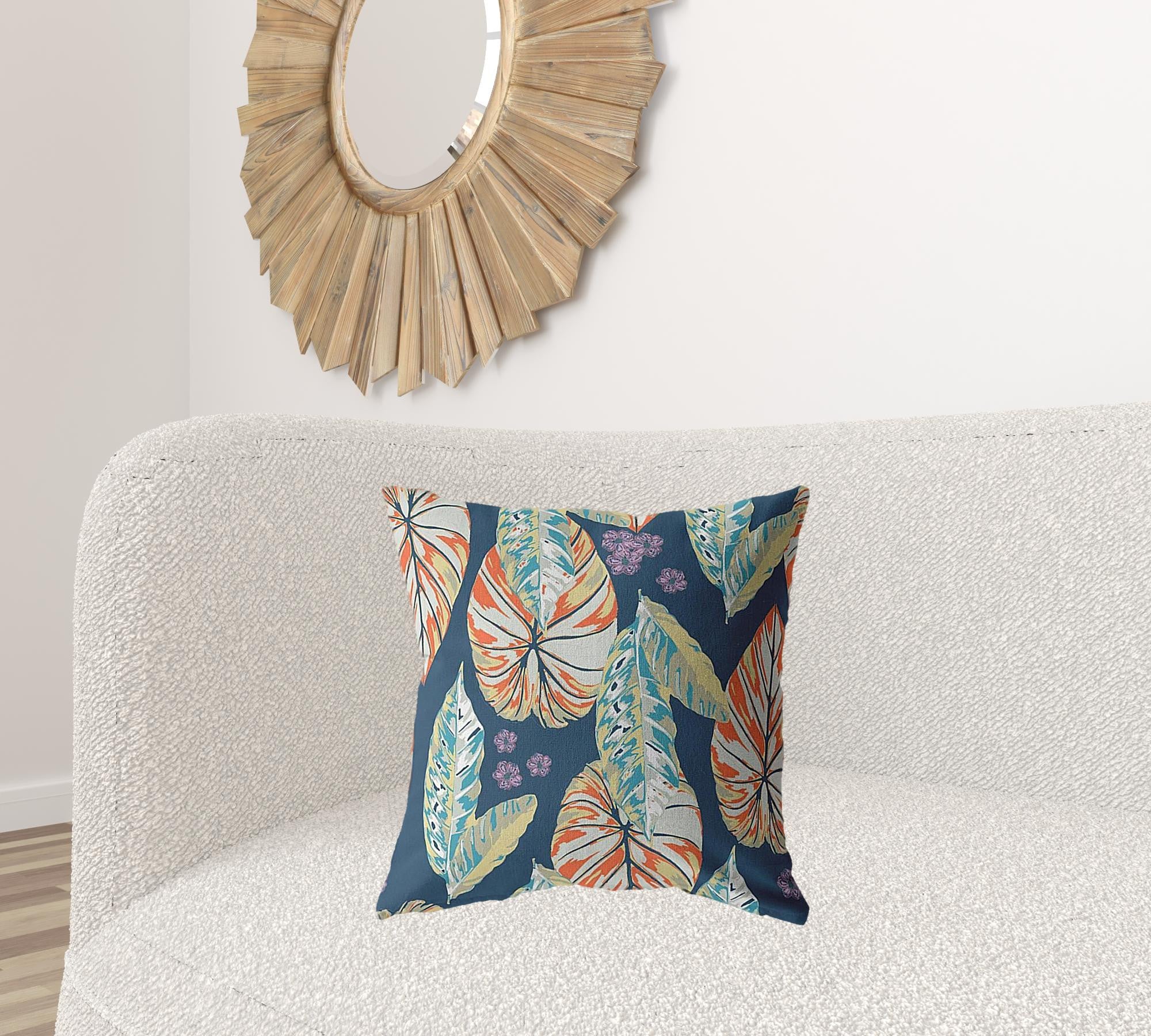 18” Orange Blue Tropical Leaf Suede Throw Pillow