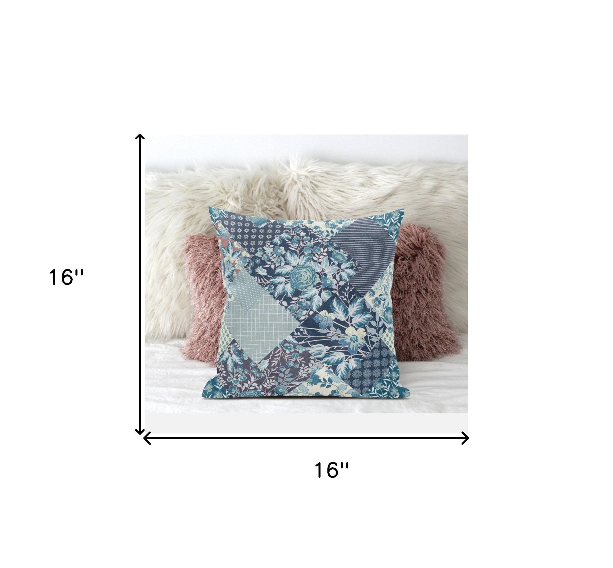 16" Blue White Floral Zippered Suede Throw Pillow