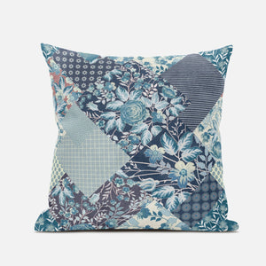 18" Blue White Floral Zippered Suede Throw Pillow