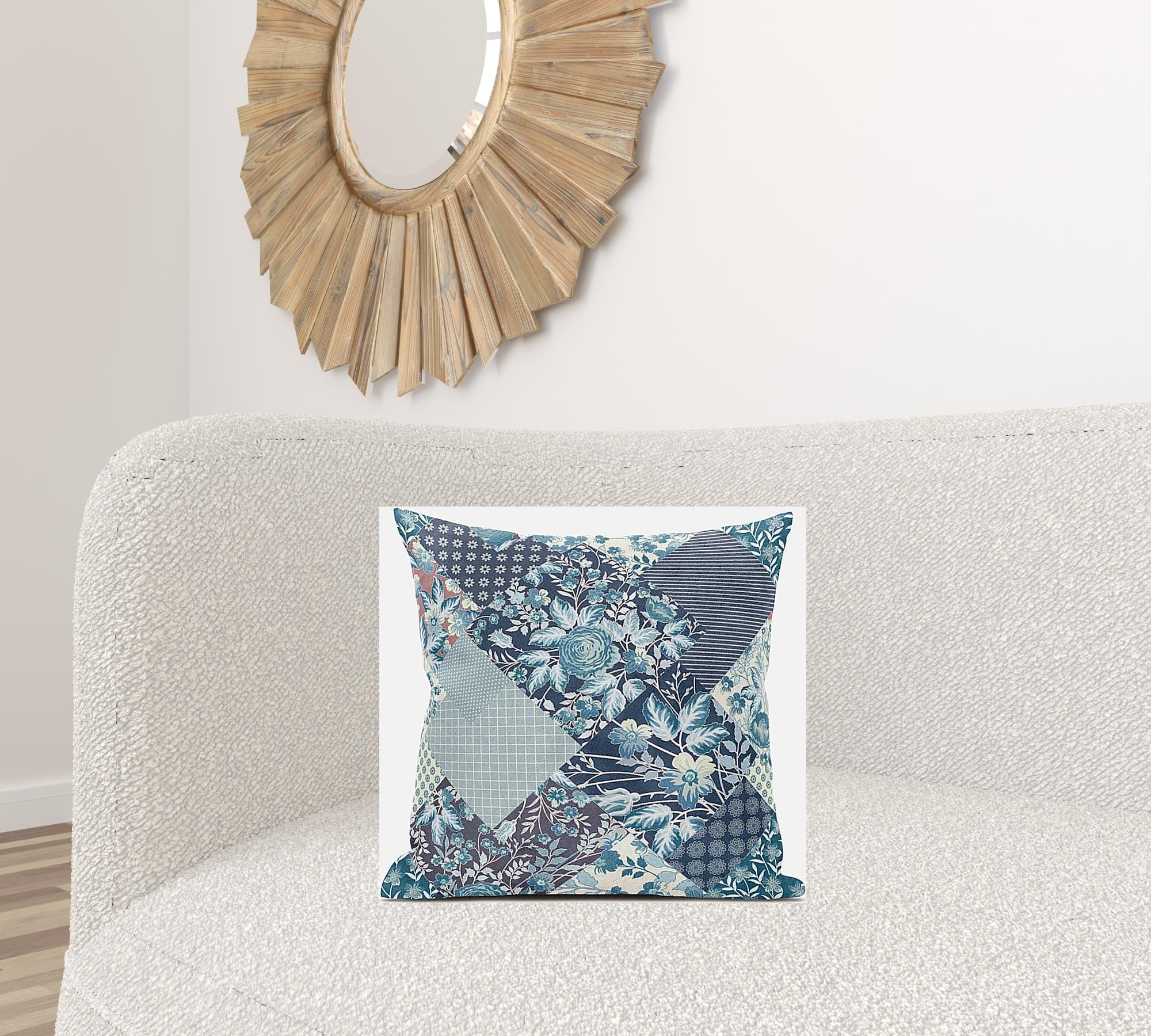 18" Blue White Floral Zippered Suede Throw Pillow