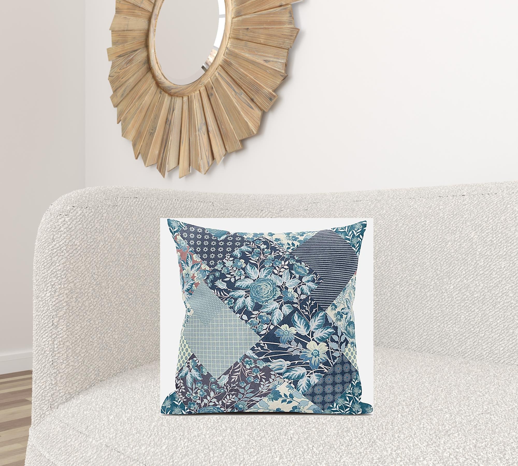 18" Blue White Floral Zippered Suede Throw Pillow